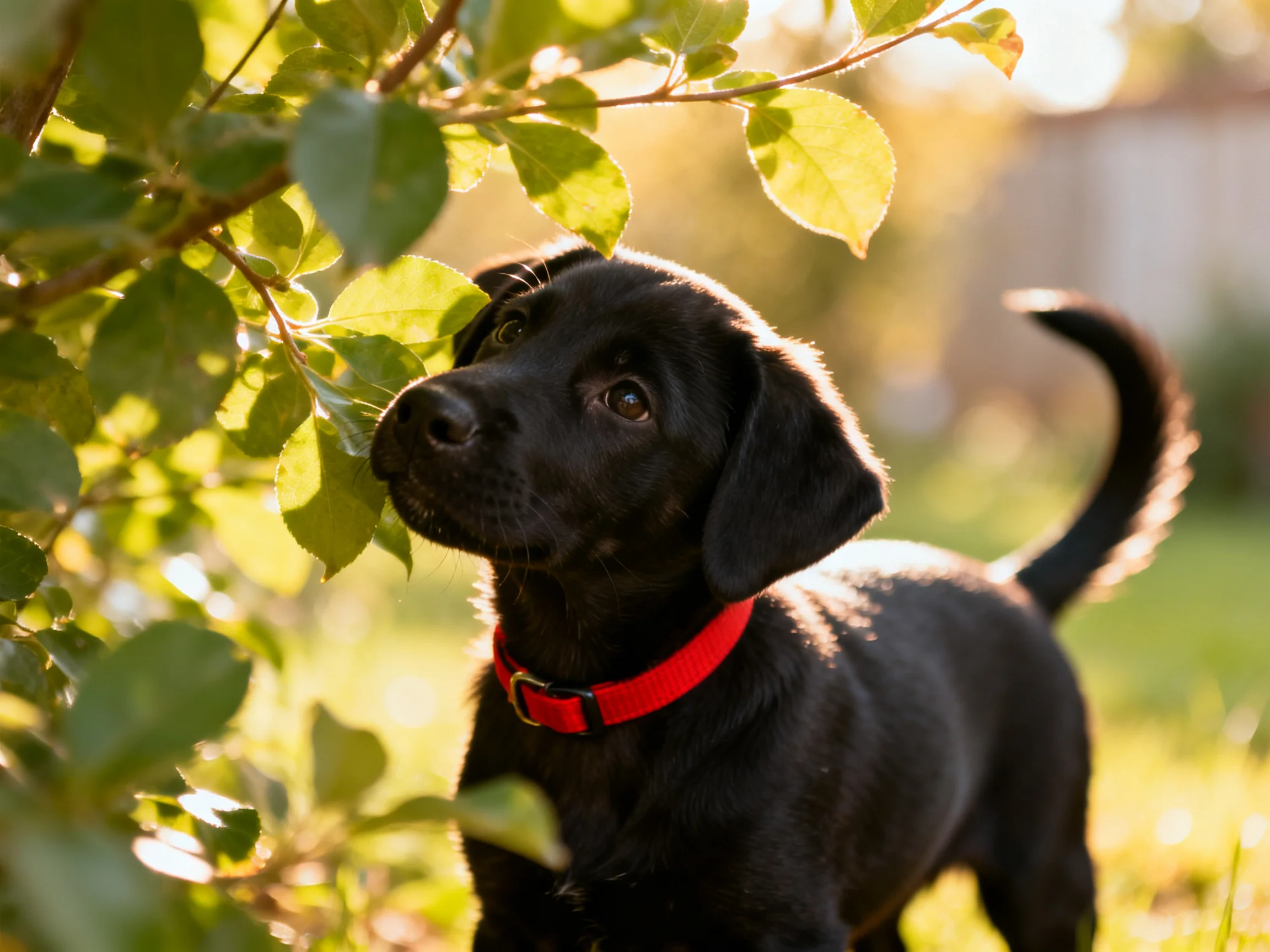 A black puppy with a red collar investigates green leaves outdoors.
