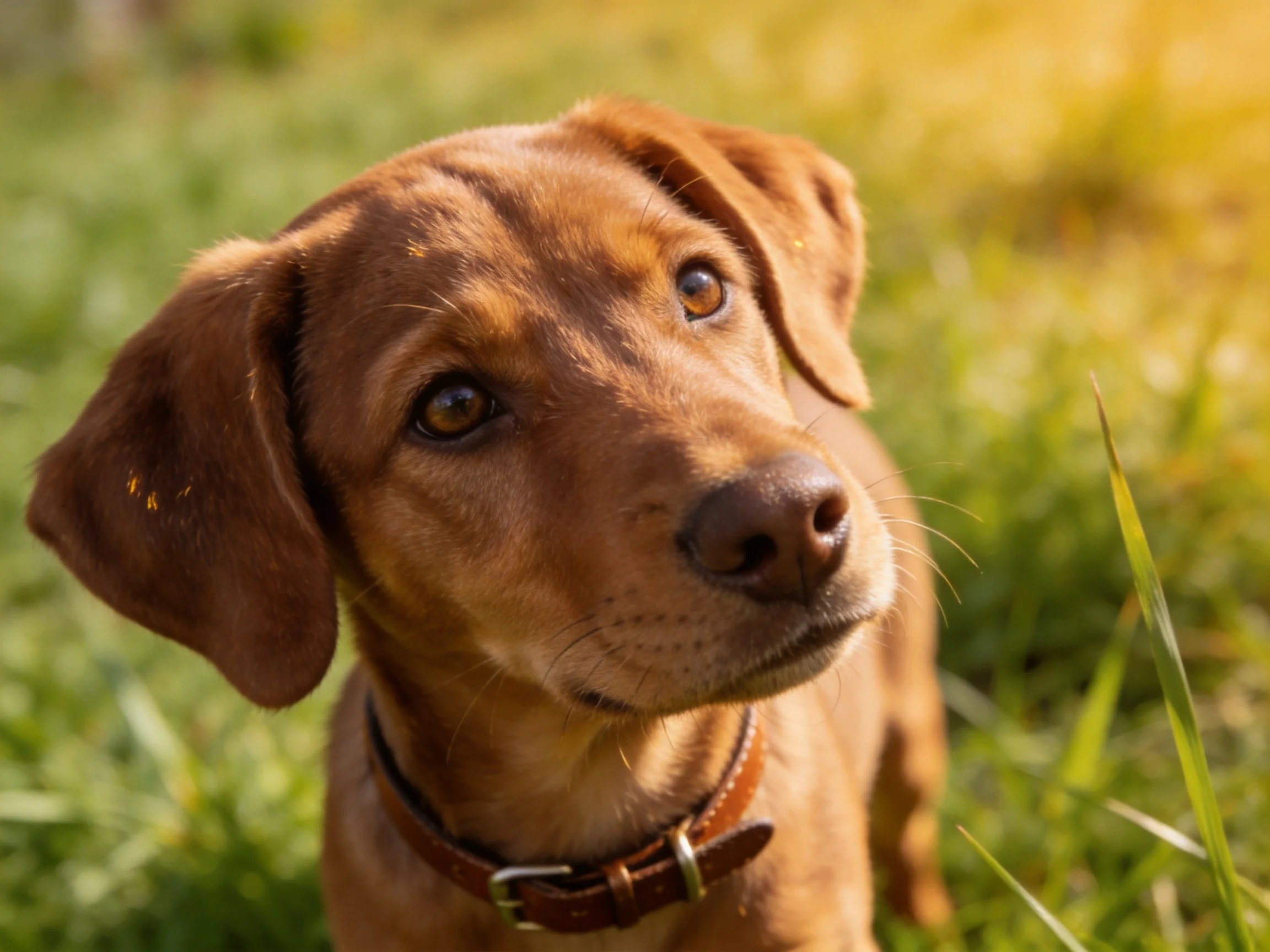 A curious brown dog gazes thoughtfully amid sunlit greenery