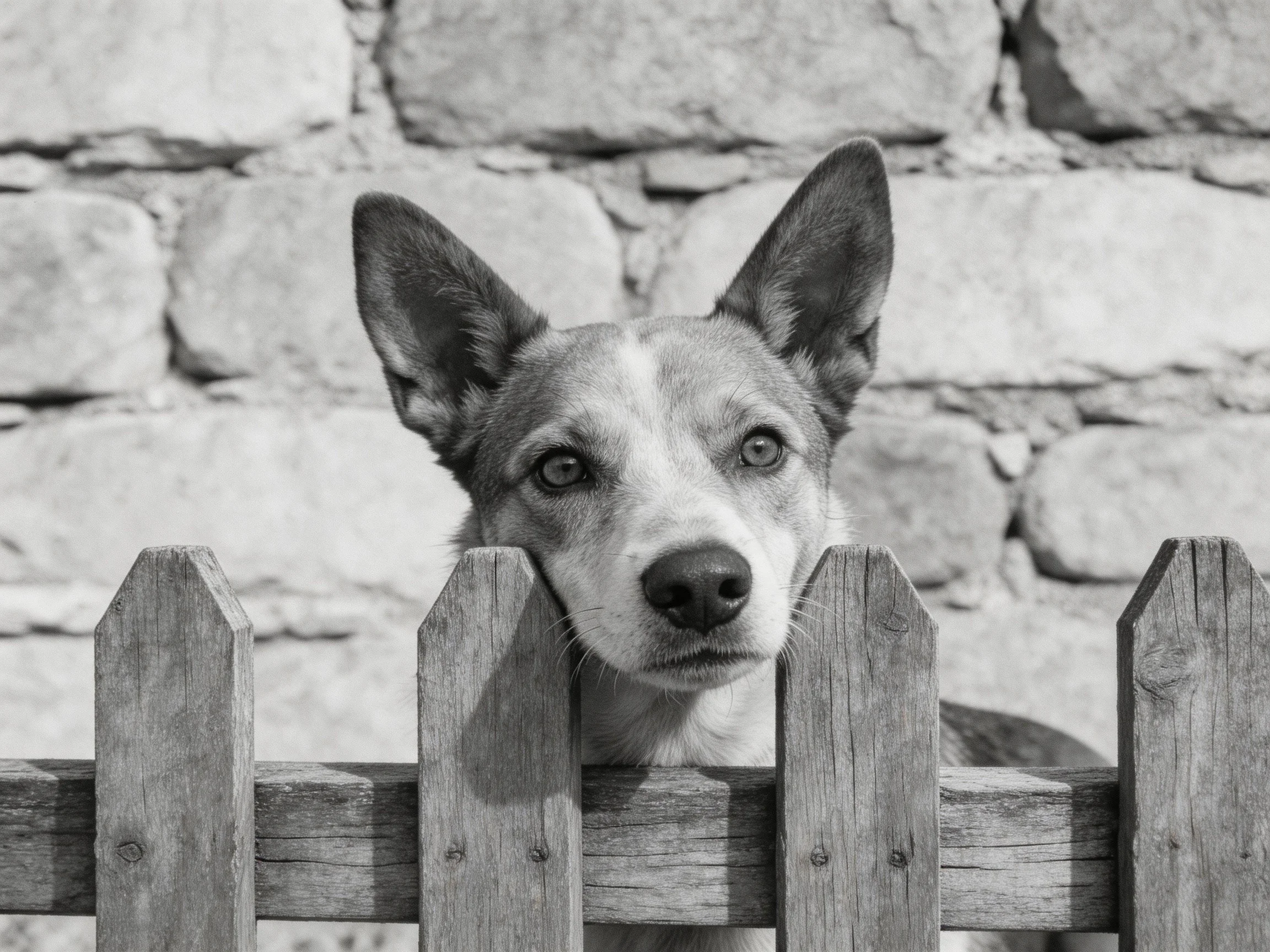 A dog looks out from behind a wooden fence next to a stone wall.