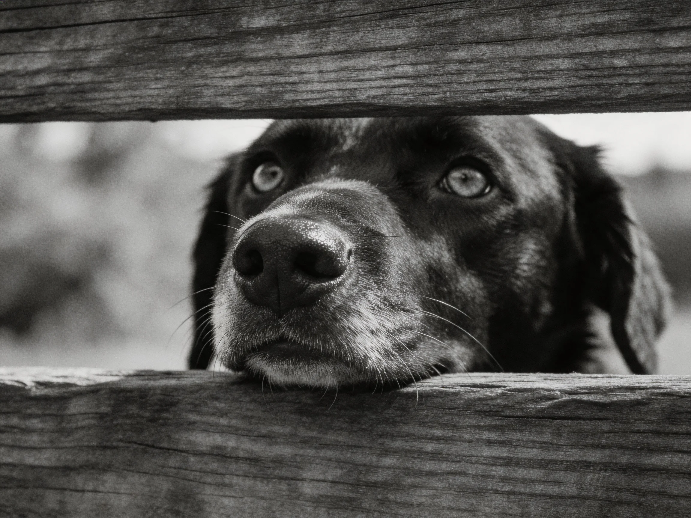 A dog gazes through wooden fence slats in a black-and-white photograph.