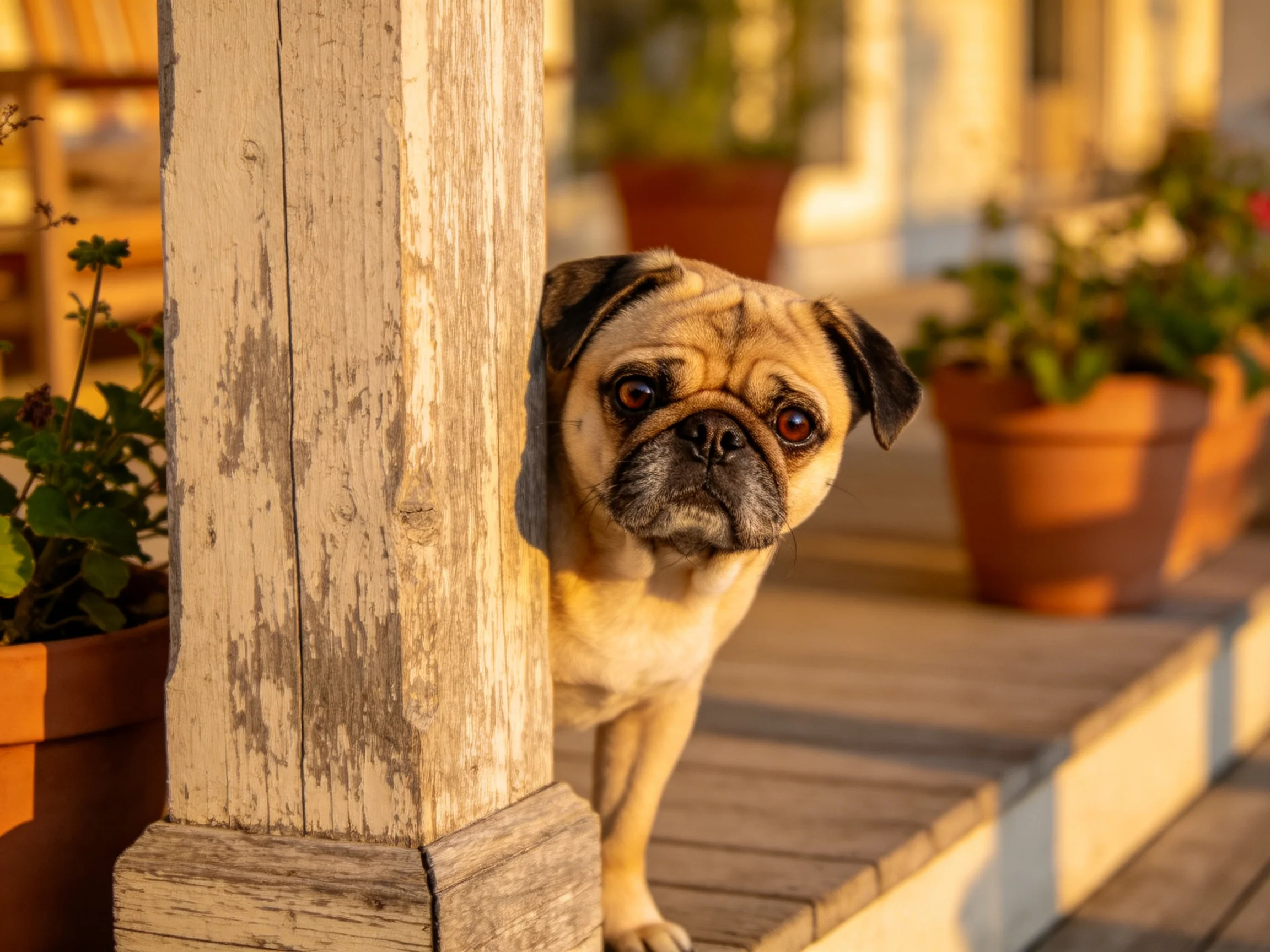 A curious pug peeks from behind a weathered wooden post near terracotta planters
