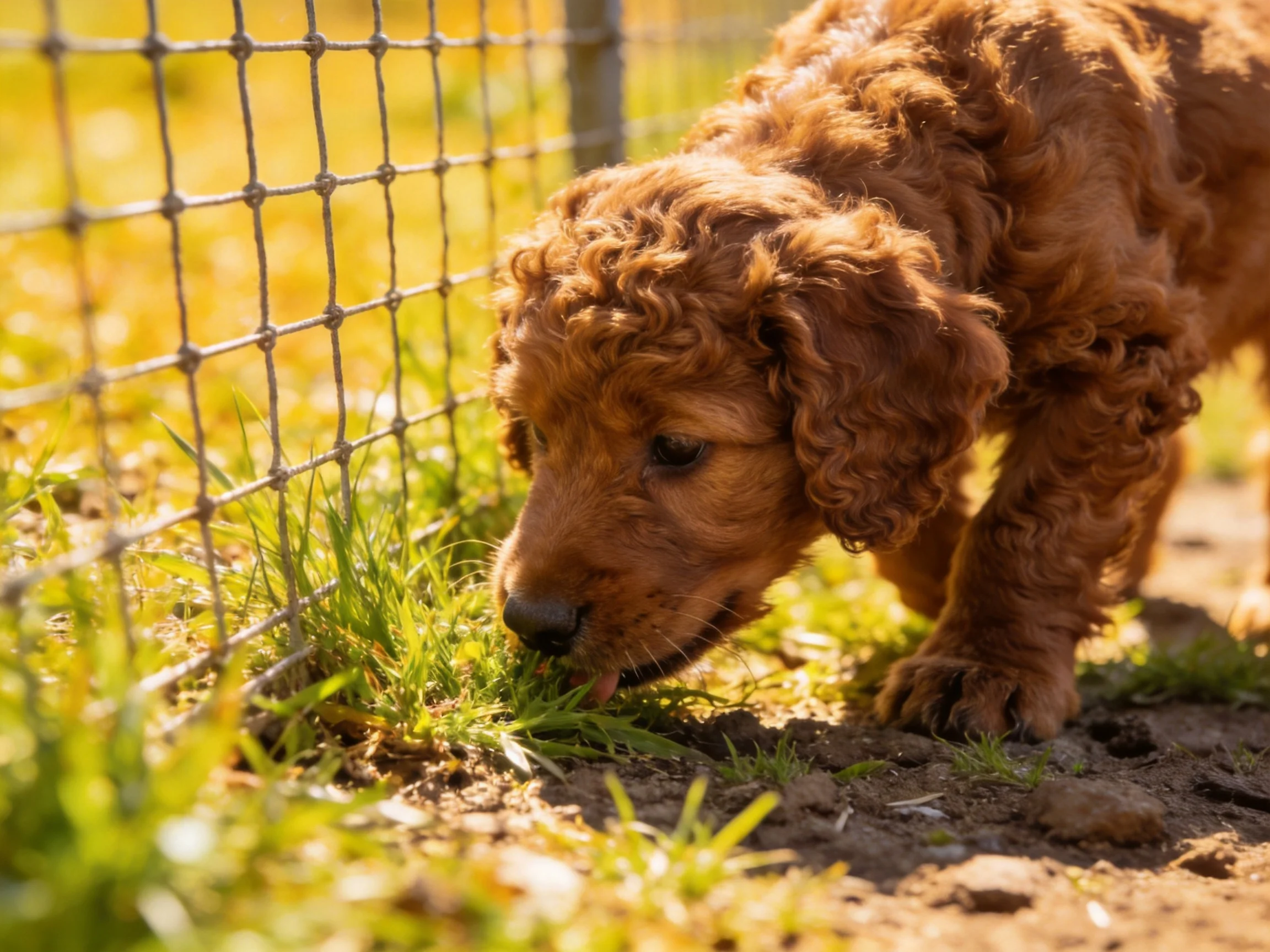 A reddish-brown puppy investigates green grass beside an outdoor wire fence.