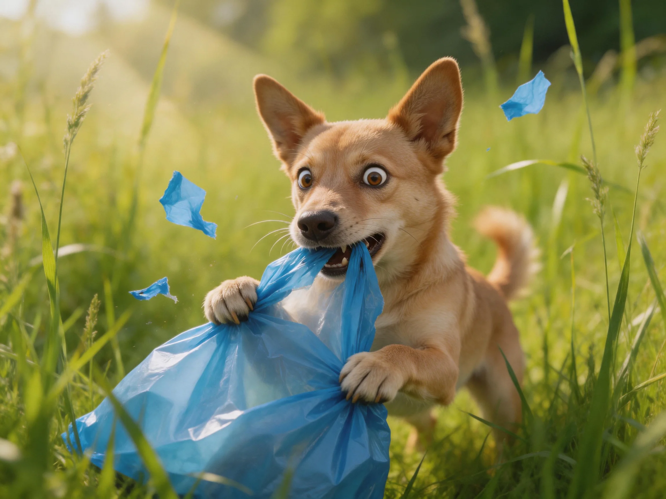 A curious tan dog tugging a blue plastic bag in tall green grass