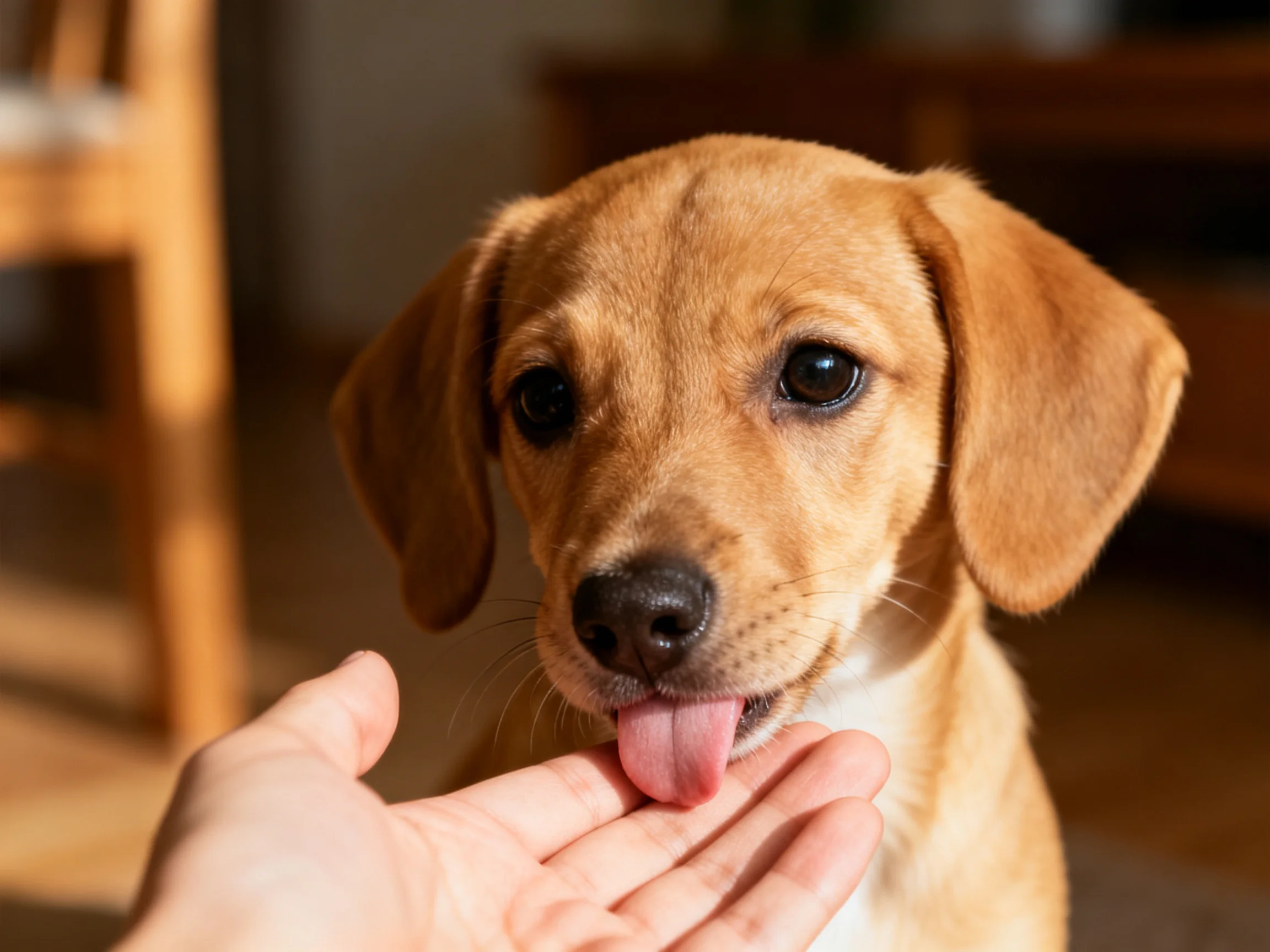 A curious tan puppy licks an outstretched human hand indoors