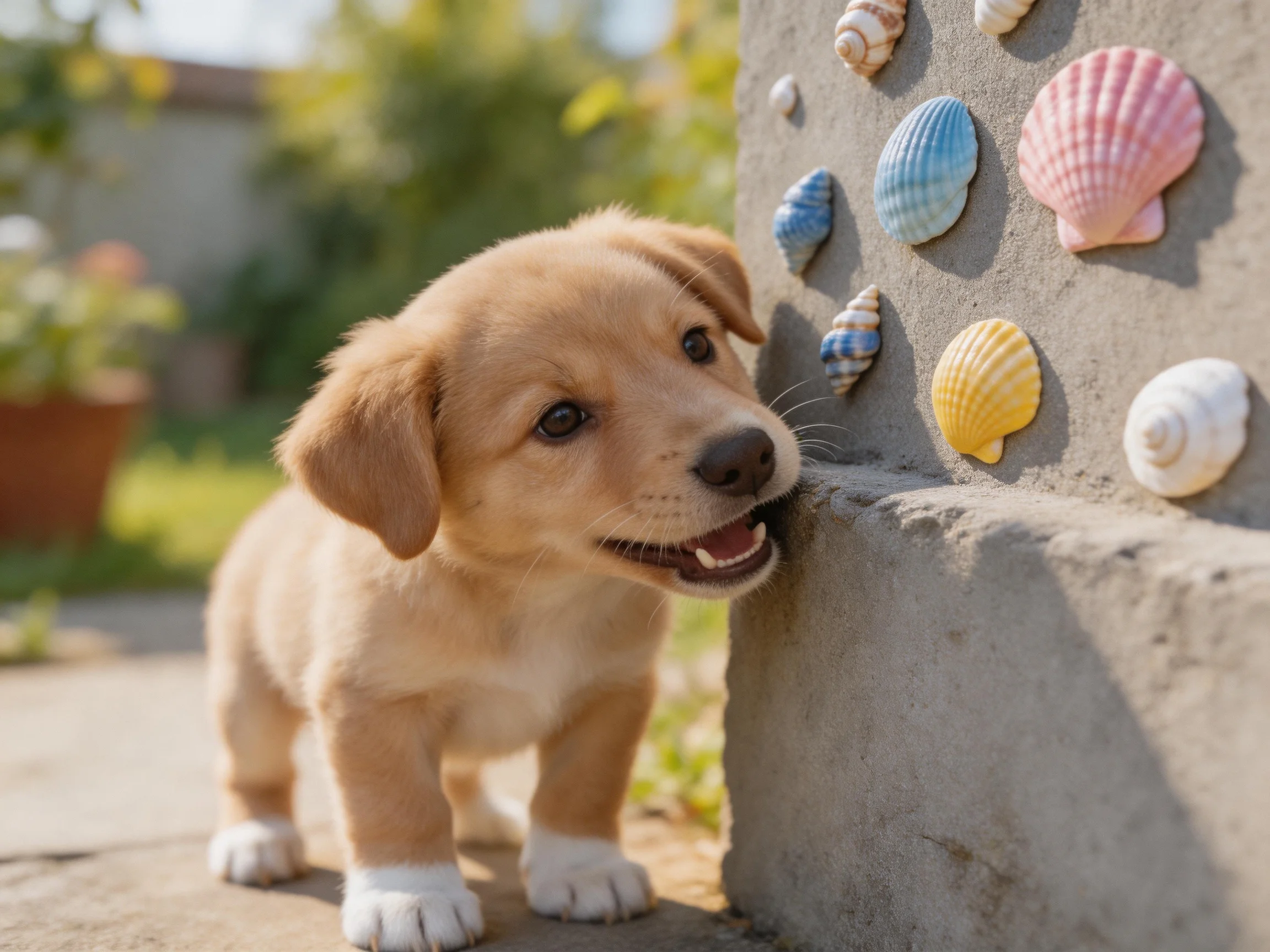 A tan puppy curiously sniffs colorful seashells on a stone wall.