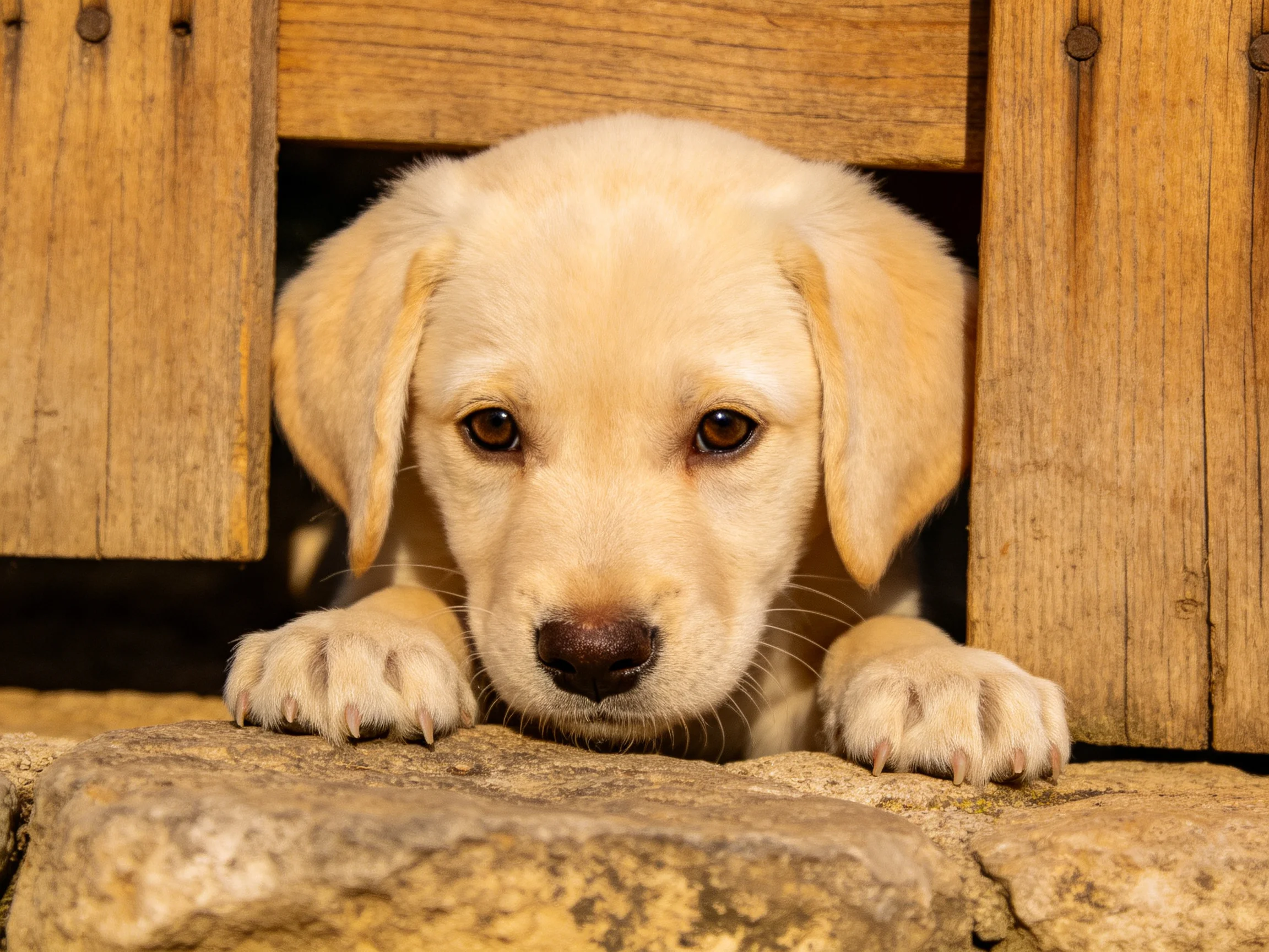 A curious yellow puppy peeks from wooden slats near stones