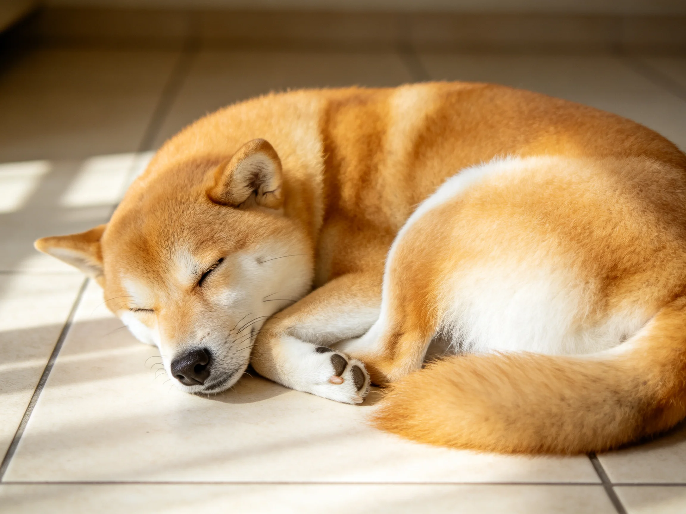 A curled-up tanand white Shiba Inu resting on tiled flooring