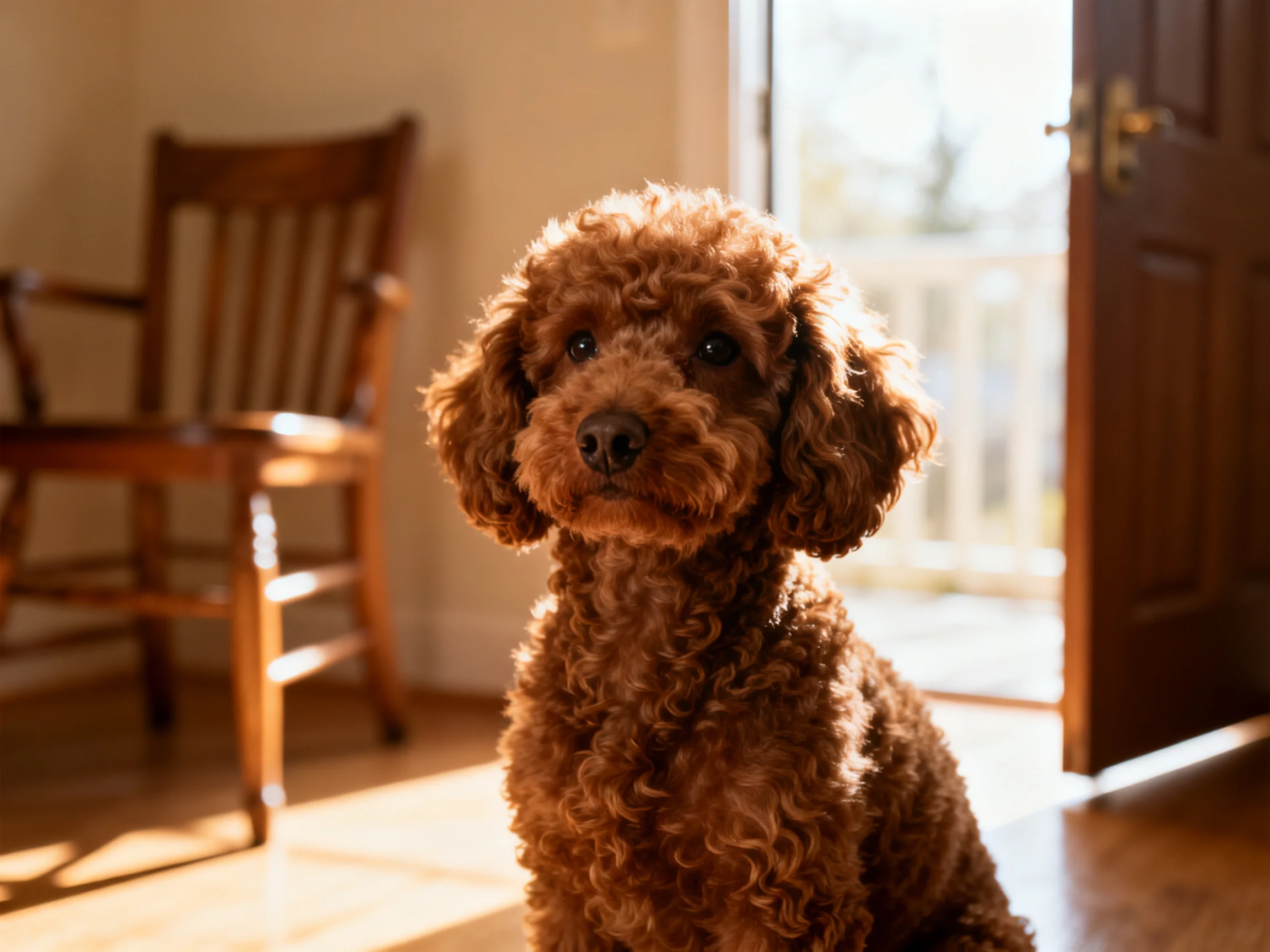A curly - brown poodle sits near an open wooden door with a chair