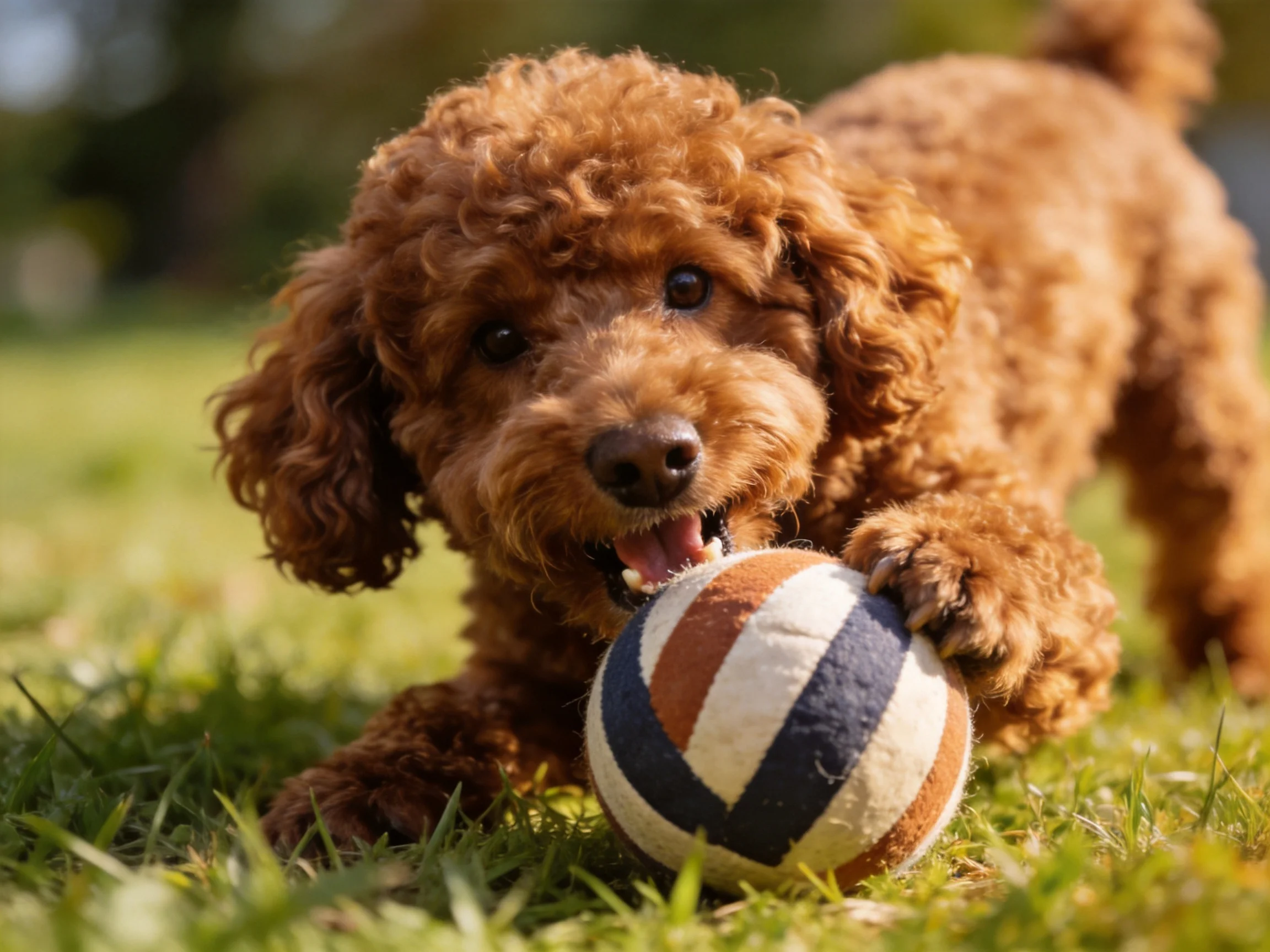 A curly brown poodle plays with a striped ball on green grass