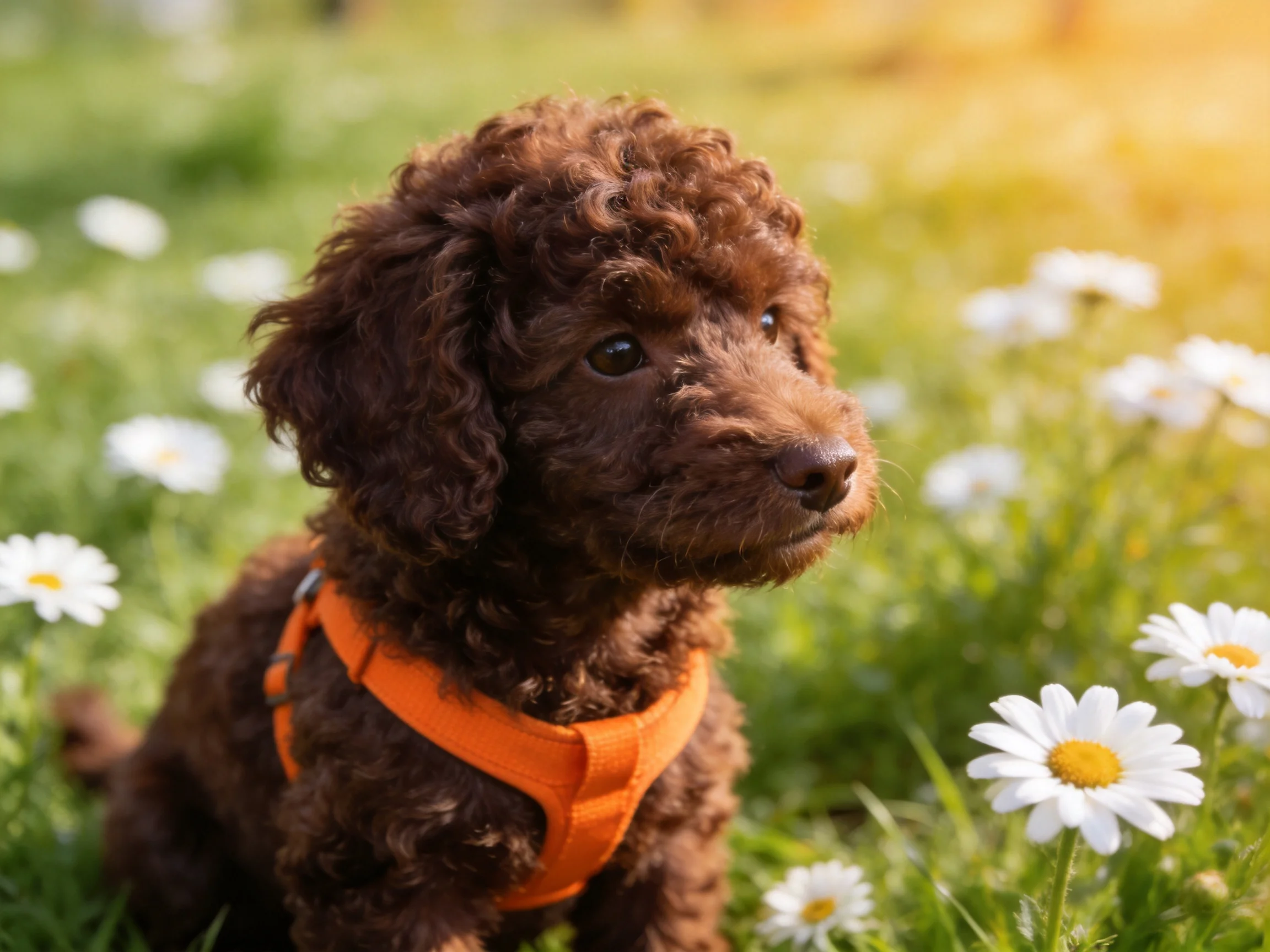 A brown dog with an orange harness sits among white daisies in a grassy field.
