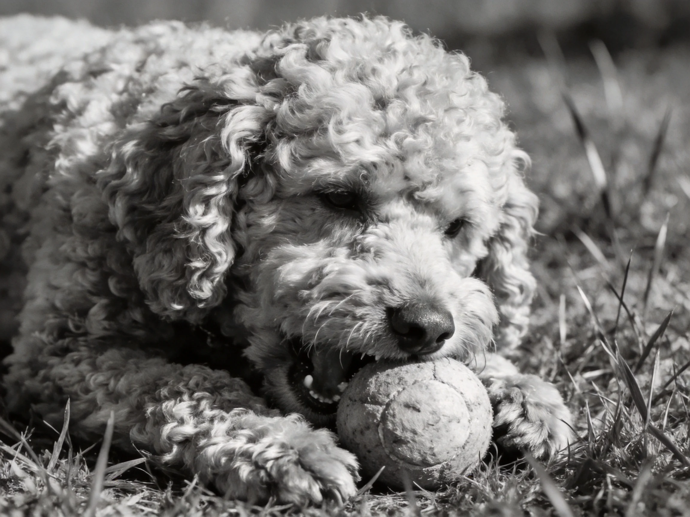 A curly-coated dog plays with a worn tennis ball on grass.