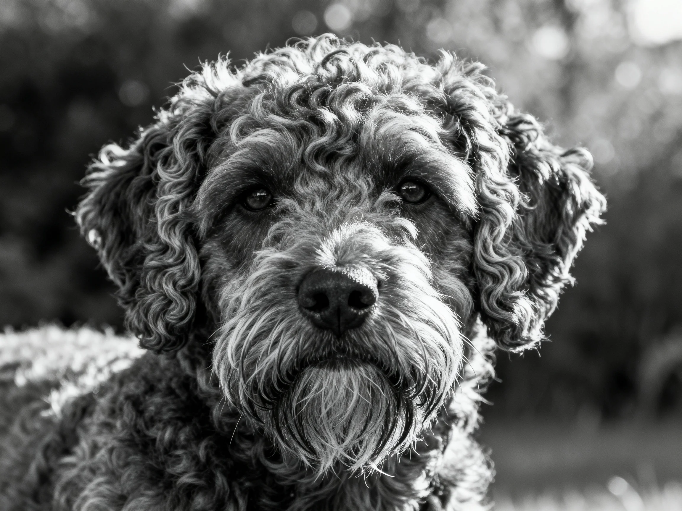 A curly-coated dog in a black and white close-up