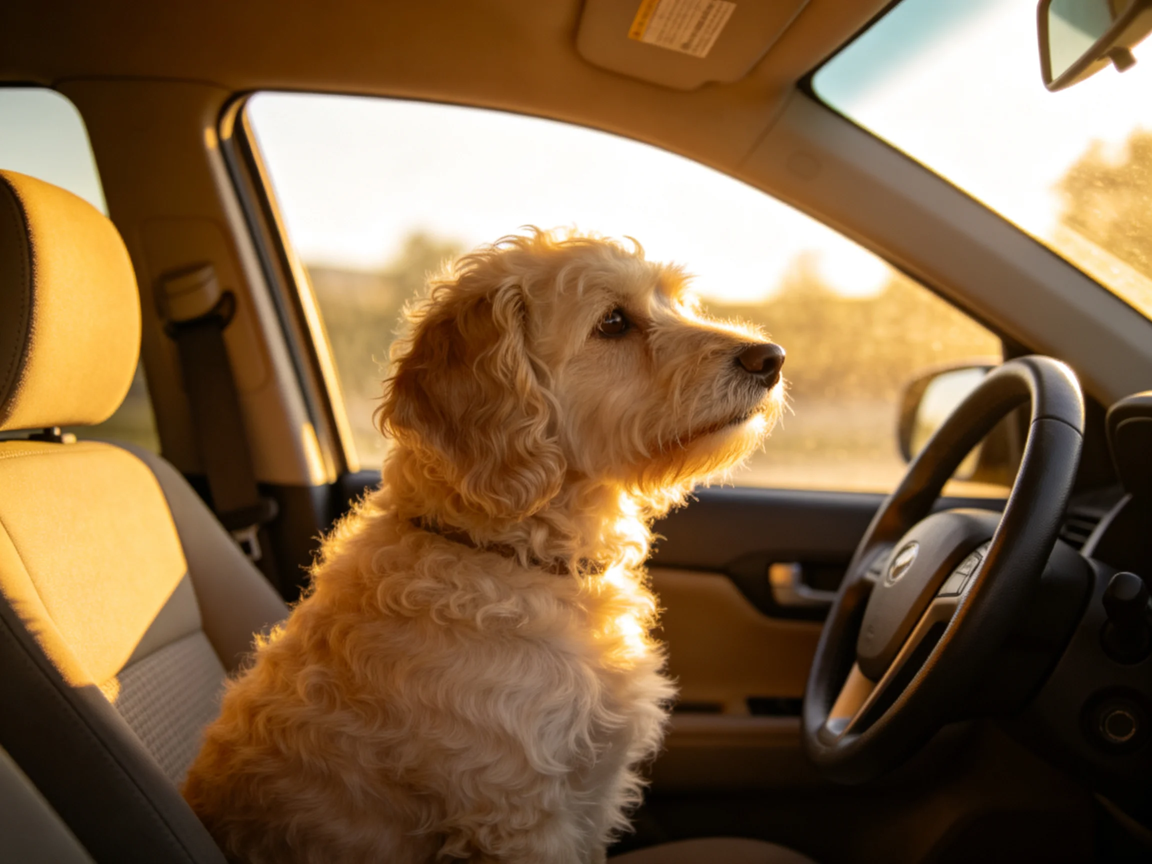 A curly-furred dog sits in a sunlit car interior