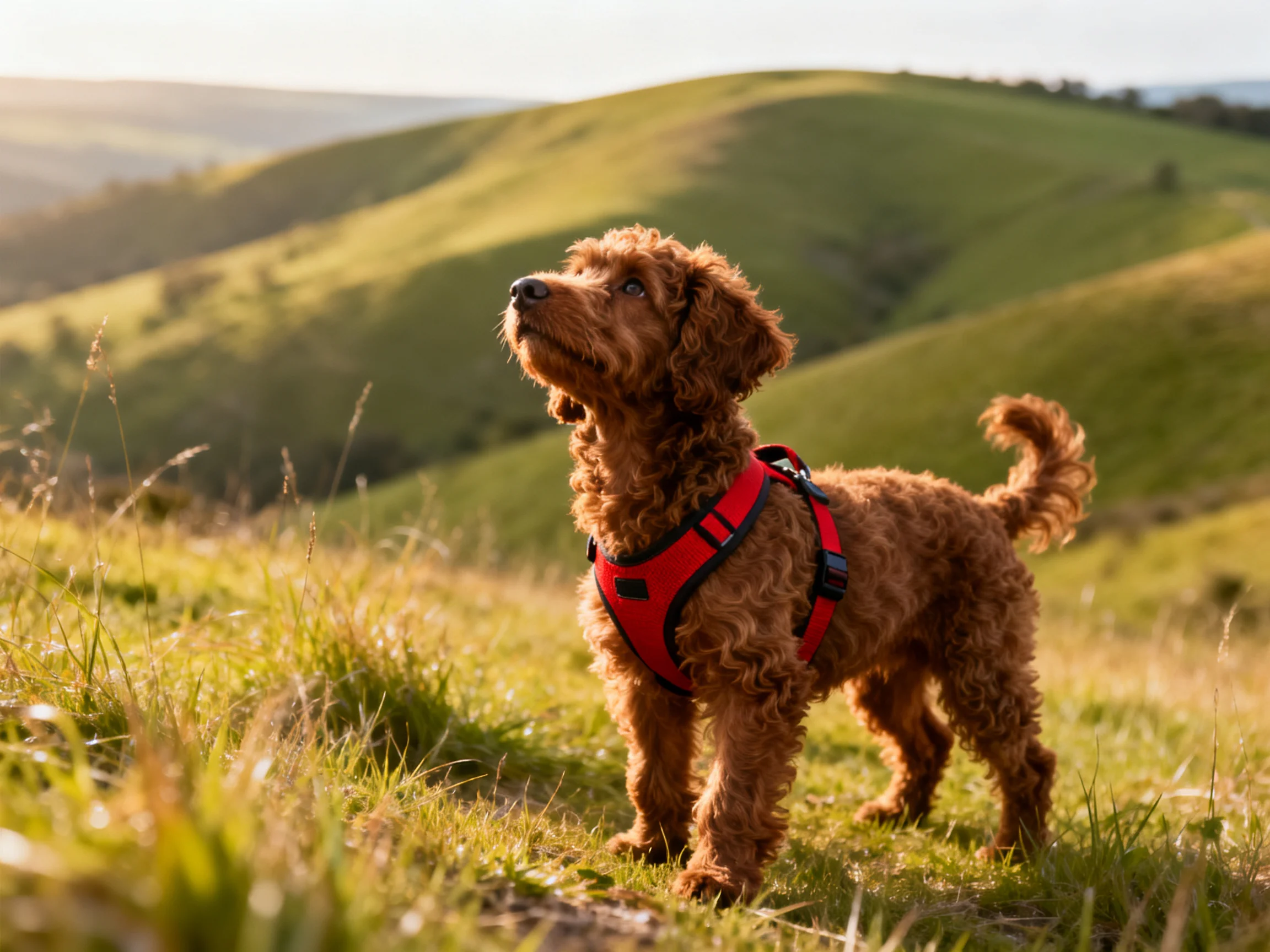 A curly-haired brown dog in a red harness explores rolling green hills