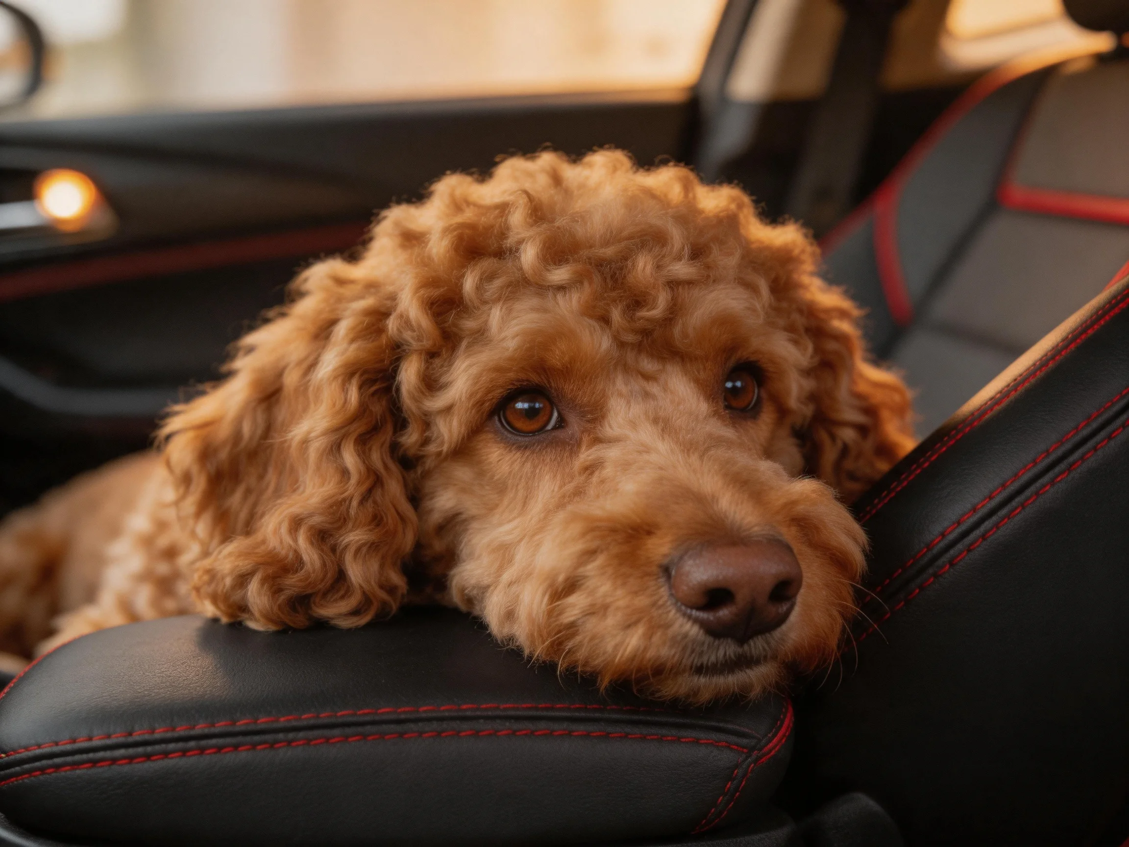 A curly-haired brown dog rests on a black leather car seat inside a vehicle.