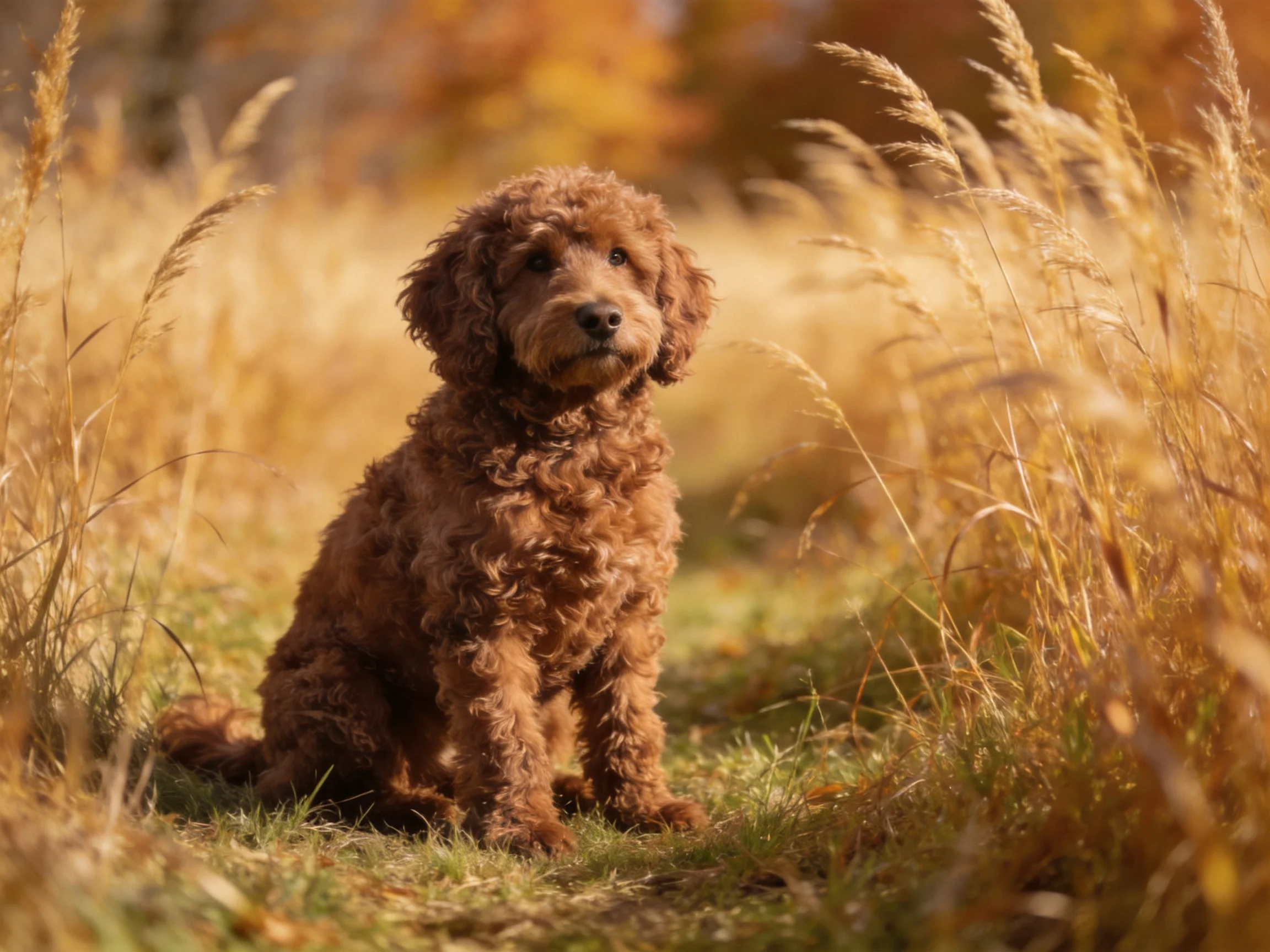 A curly-haired brown dog sits calmly among tall golden grasses in a sunlit field.