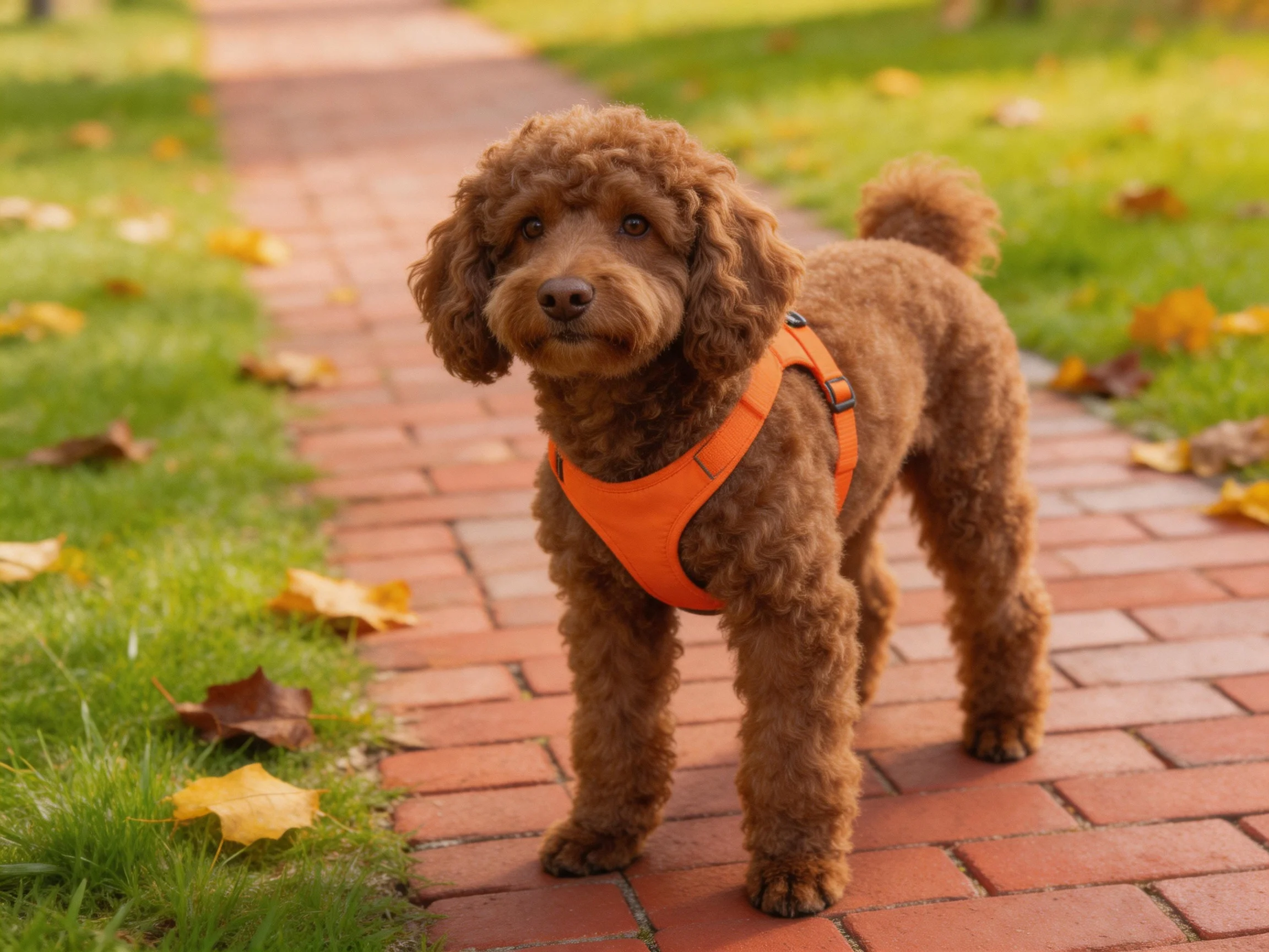 A curly-haired brown dog wears an orange harness on a brick path
