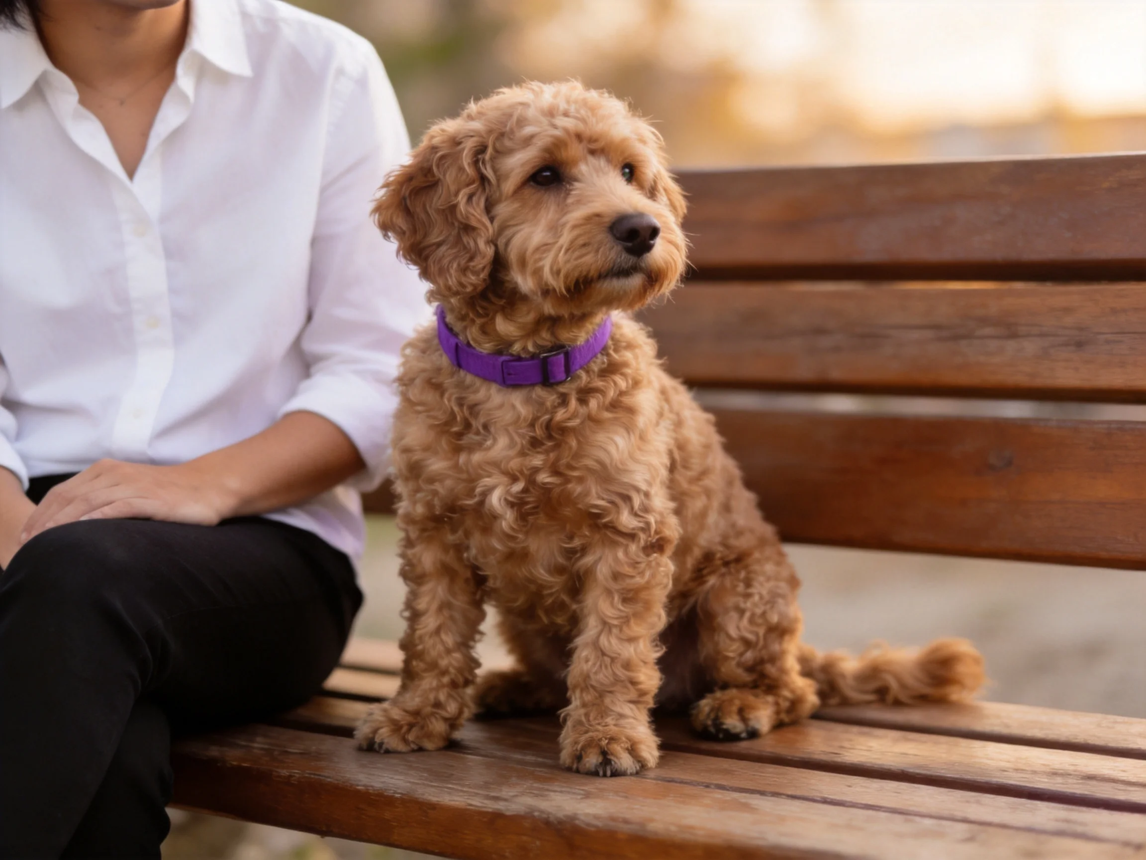 A brown dog with a purple collar sits on a wooden bench beside a person