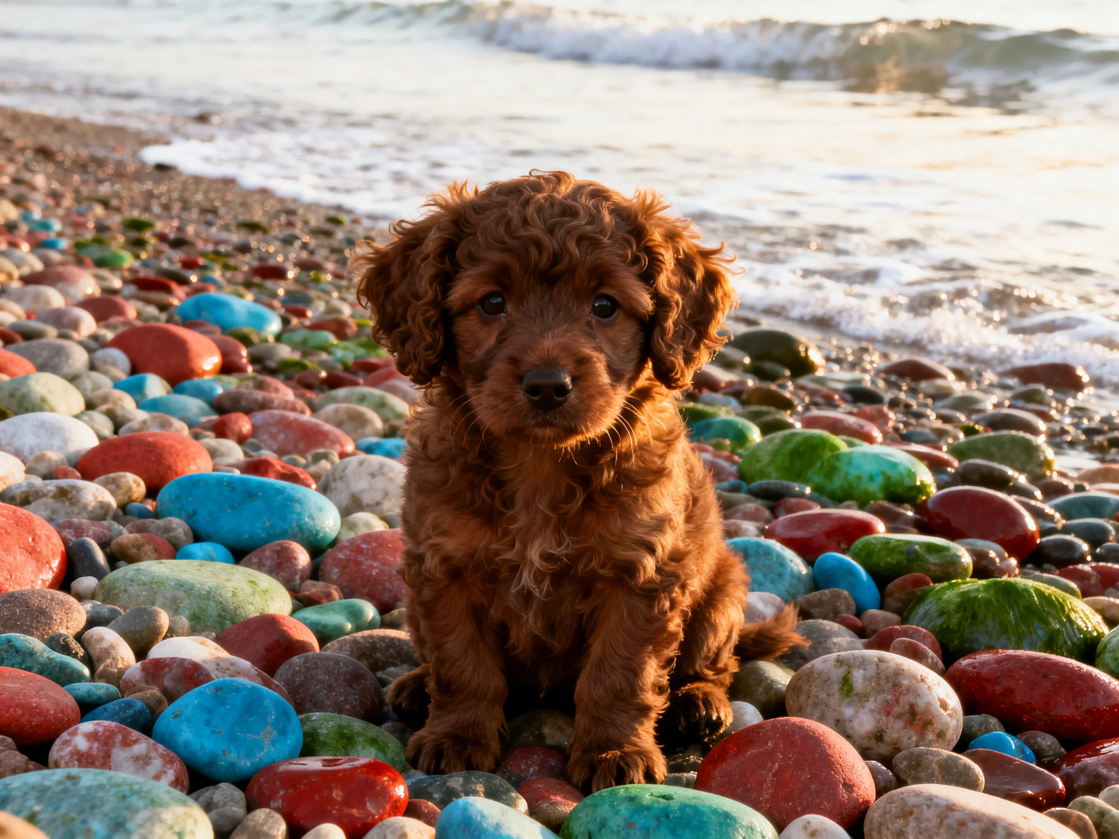 A brown puppy rests on colorful pebbles by the shoreline with ocean waves nearby.