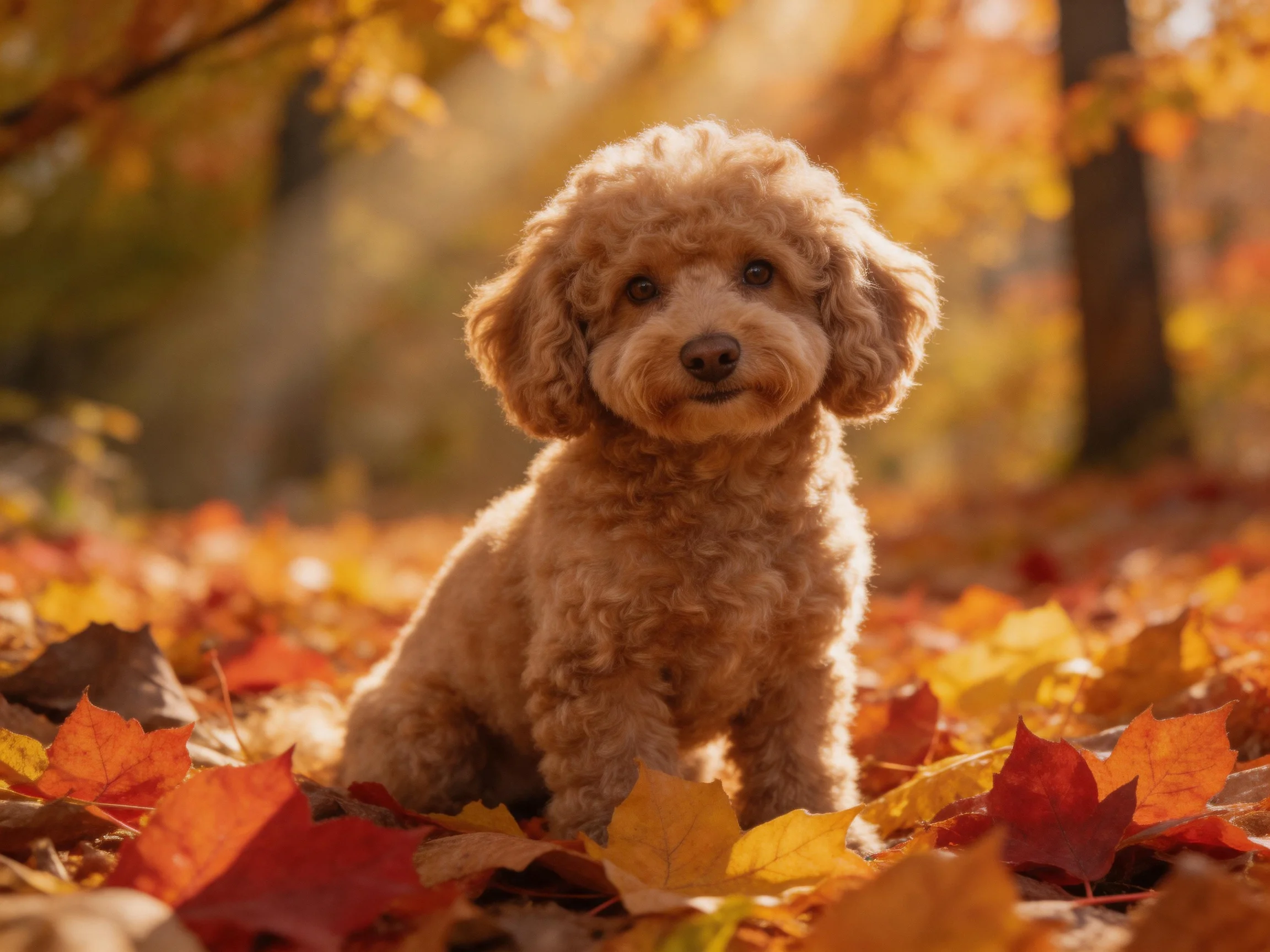 A curly-haired dog amid colorful autumn leaves