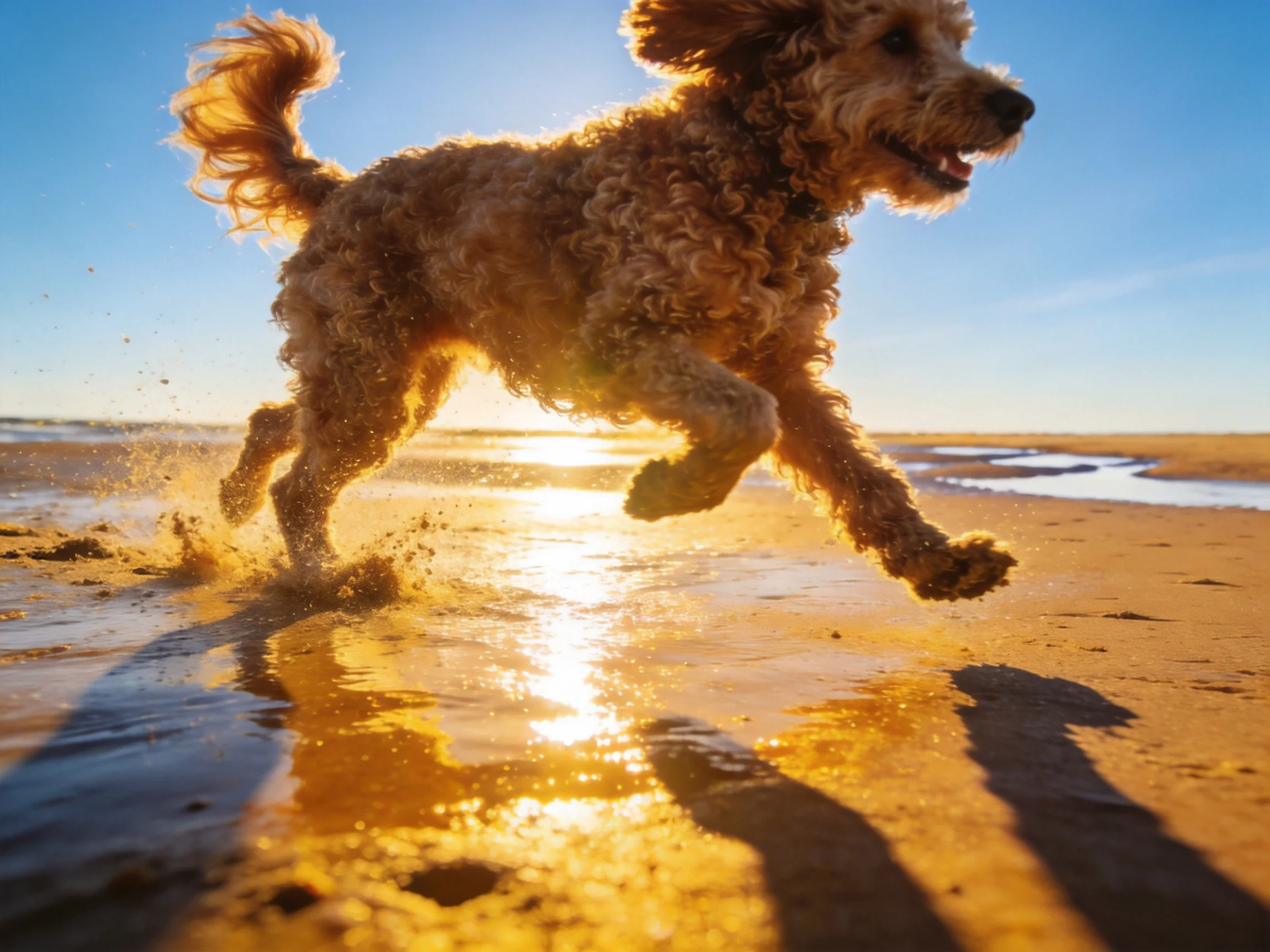 A curly-haired dog bounds across wet sandy shores under golden sunlight