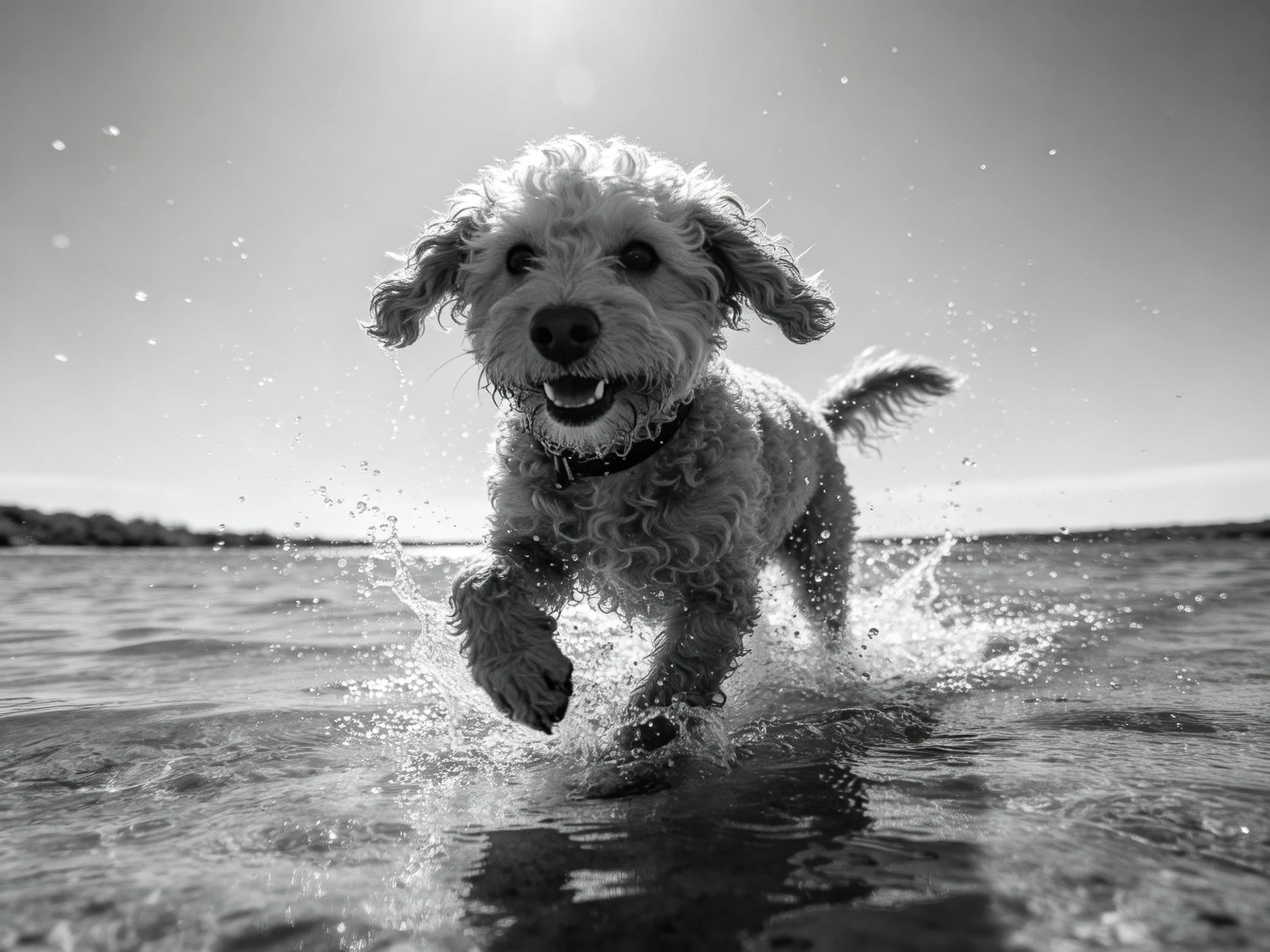 A curly-haired dog runs through shallow water, creating joyful splashes.