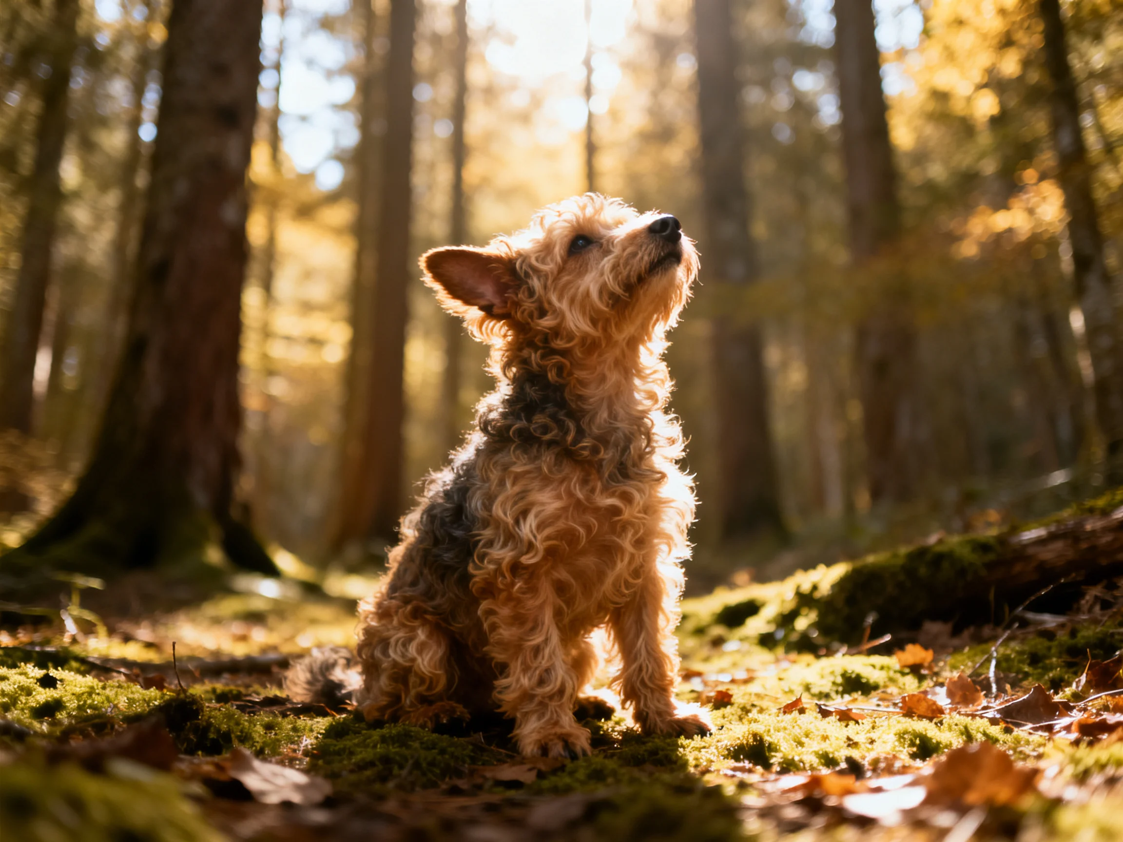 A curly-haired dog sits on moss in a sunlit forest.
