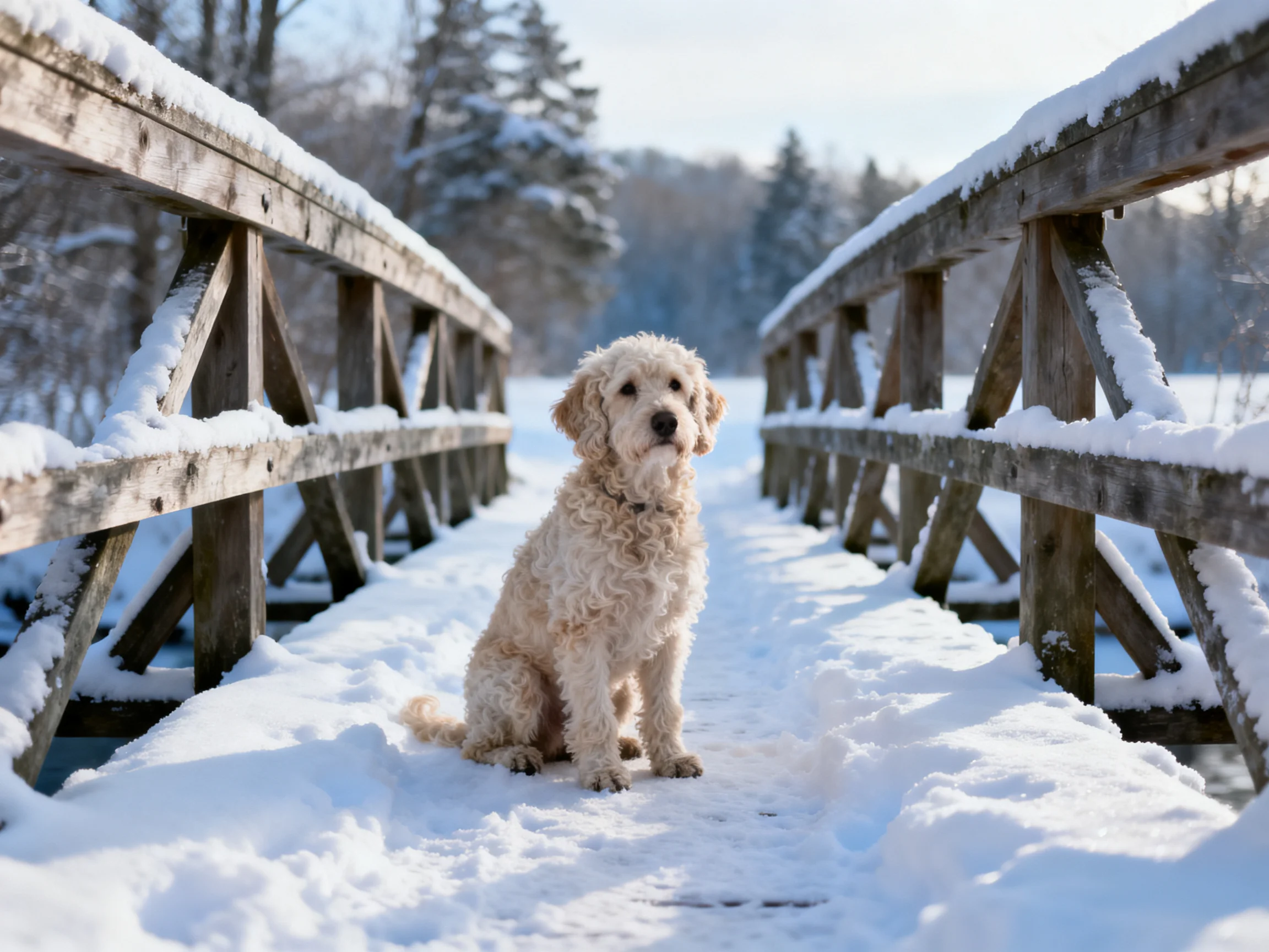A curly-haired dog sits on a snow-covered wooden bridge