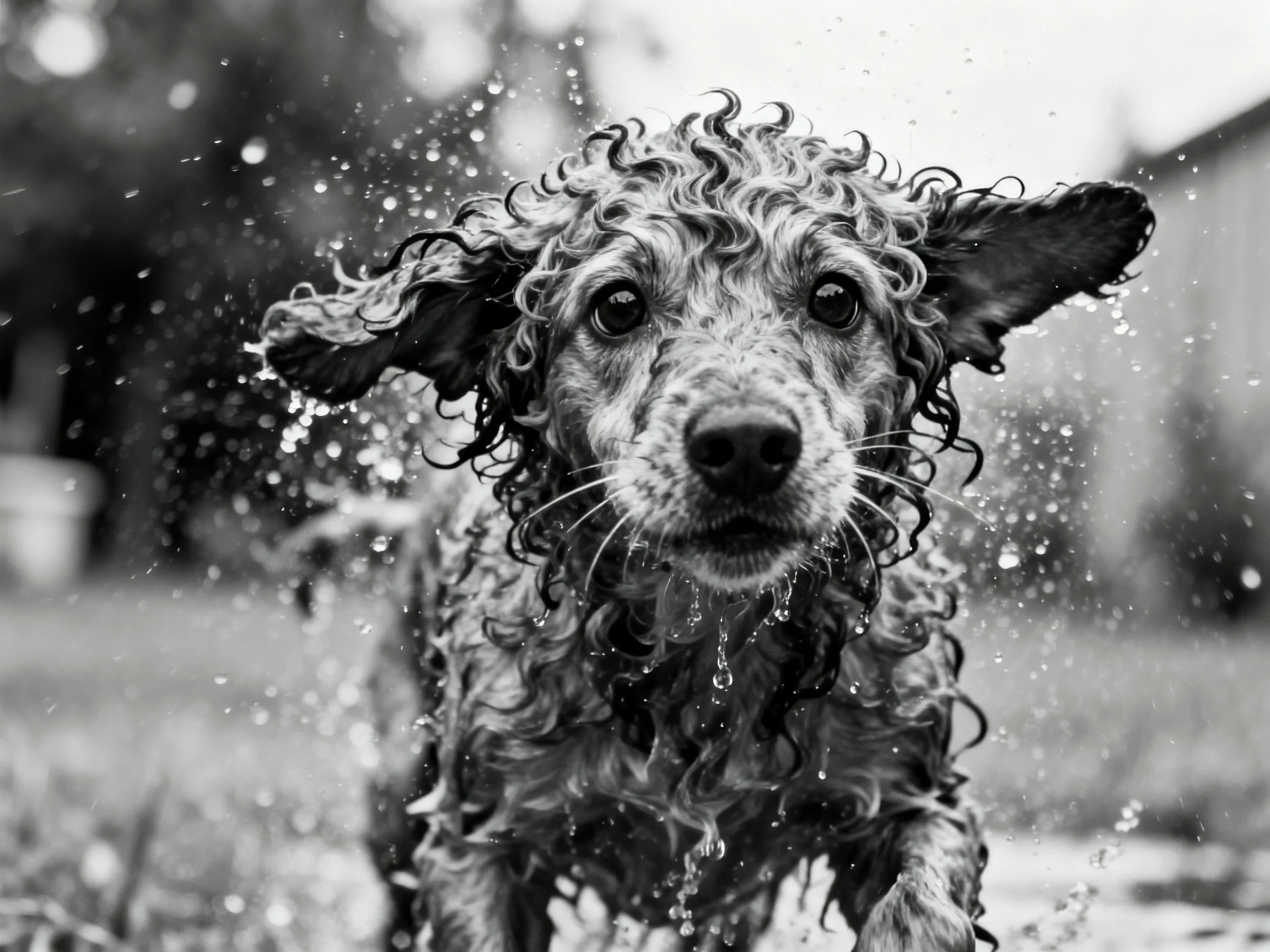 A curly-haired dog splashes through water droplets in black-and-white
