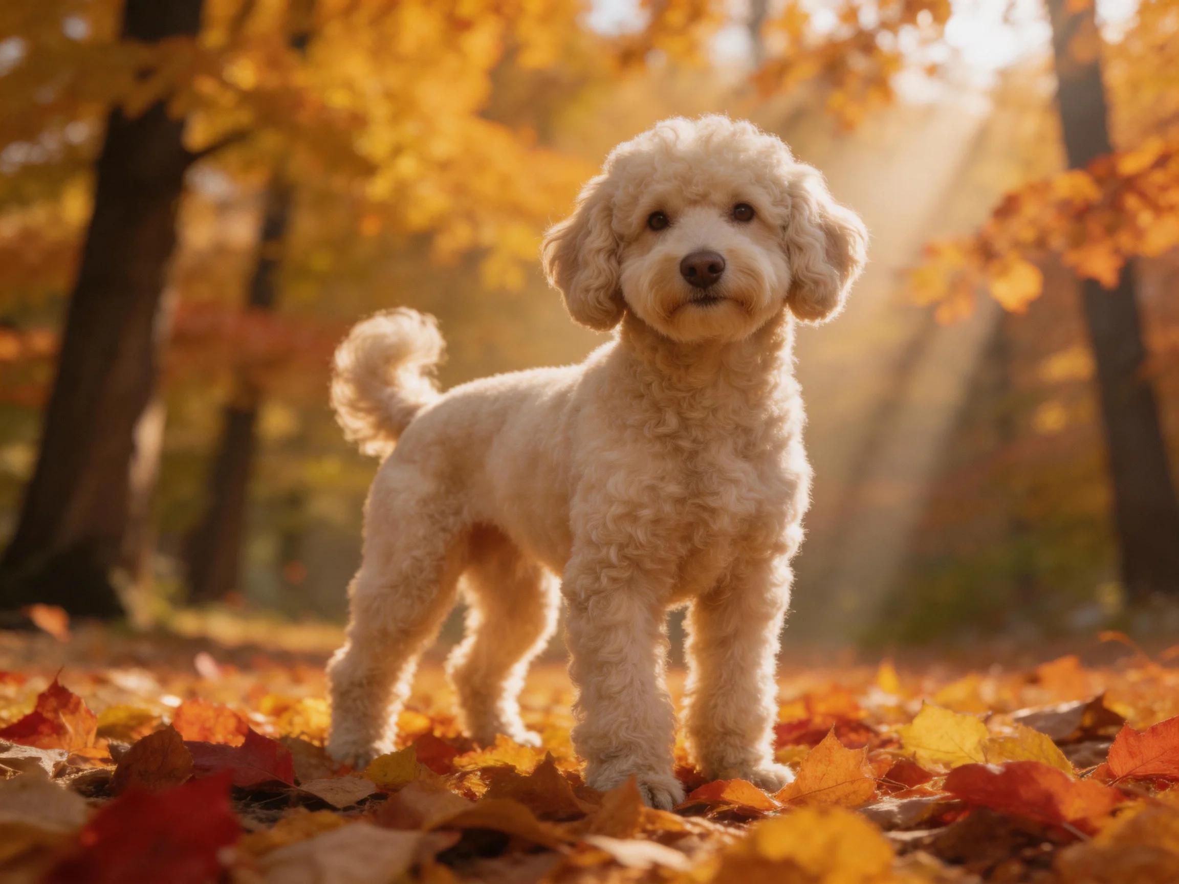 A curly-haired dog stands amid colorful autumn leaves in a sunlit forest