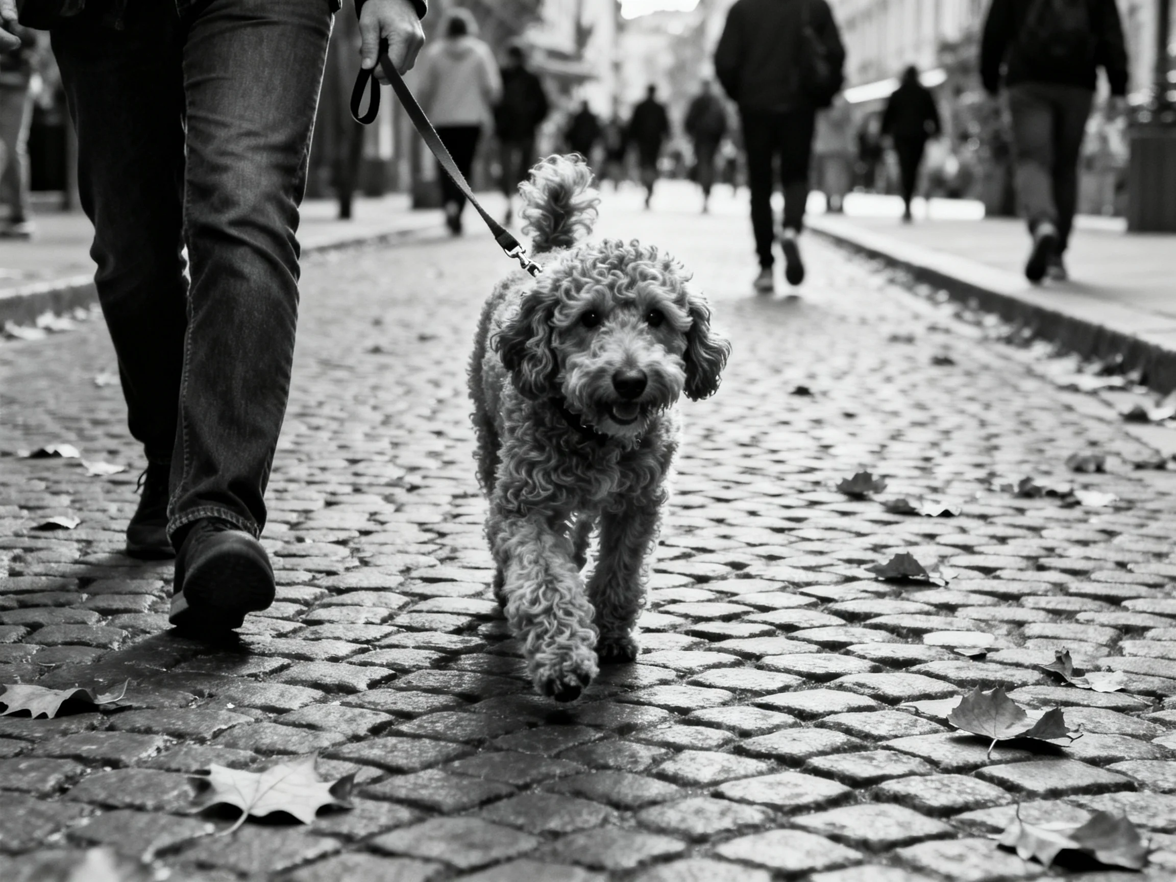 A curly-haired dog walks on a cobblestone street with pedestrians