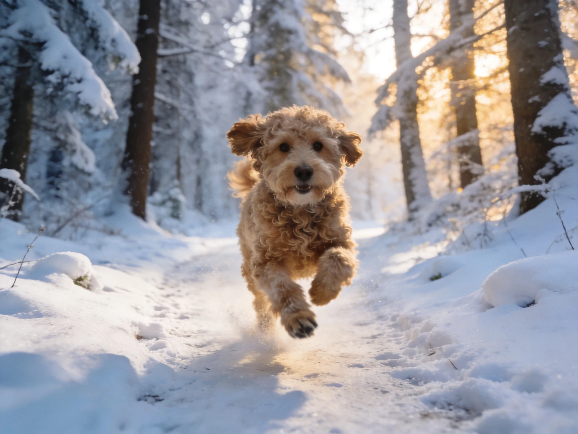 A curly-haired light runs joyfully through a snow-covered forest trail