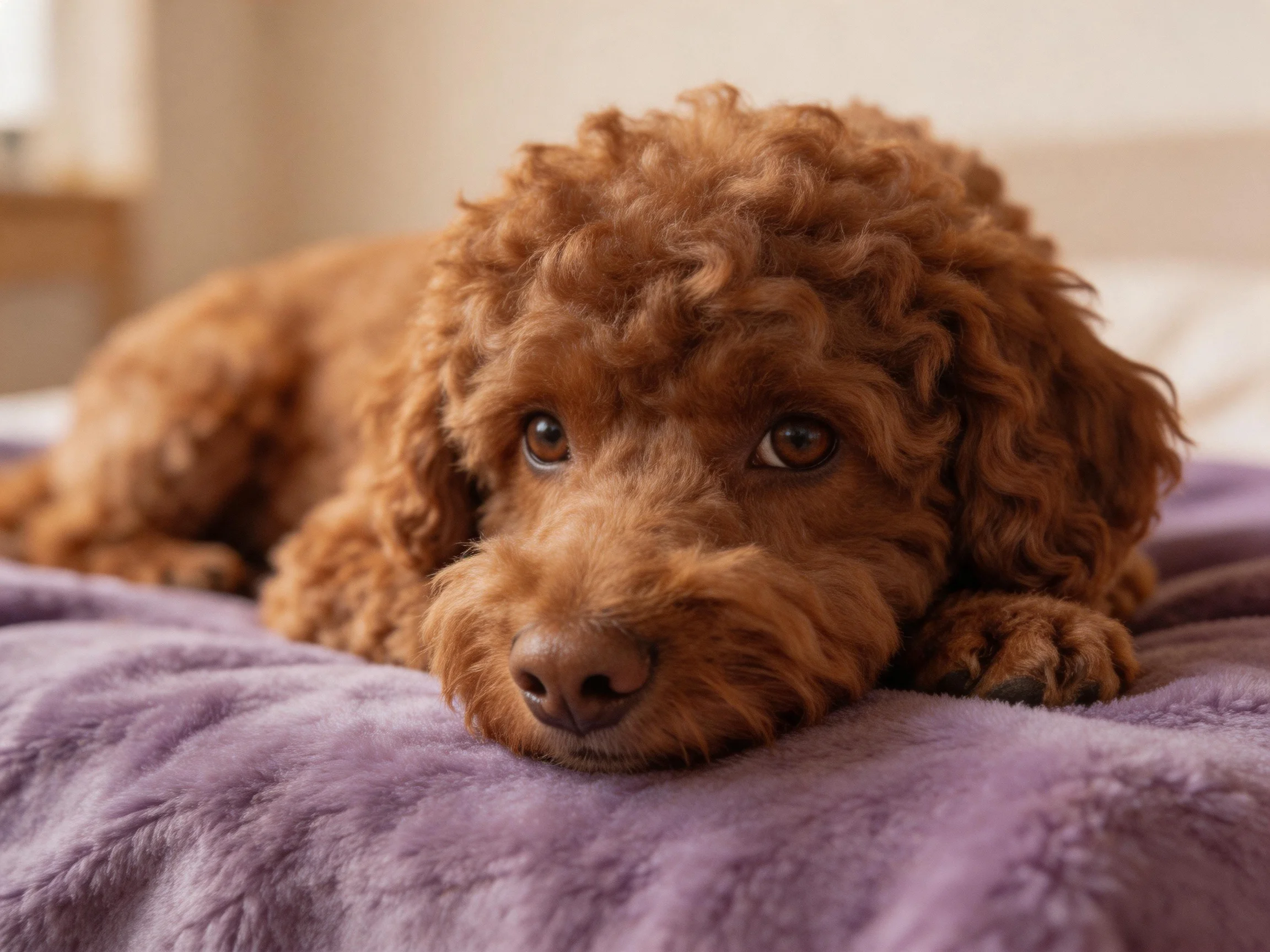 A curly-haired dog relaxes on a purple cushion.