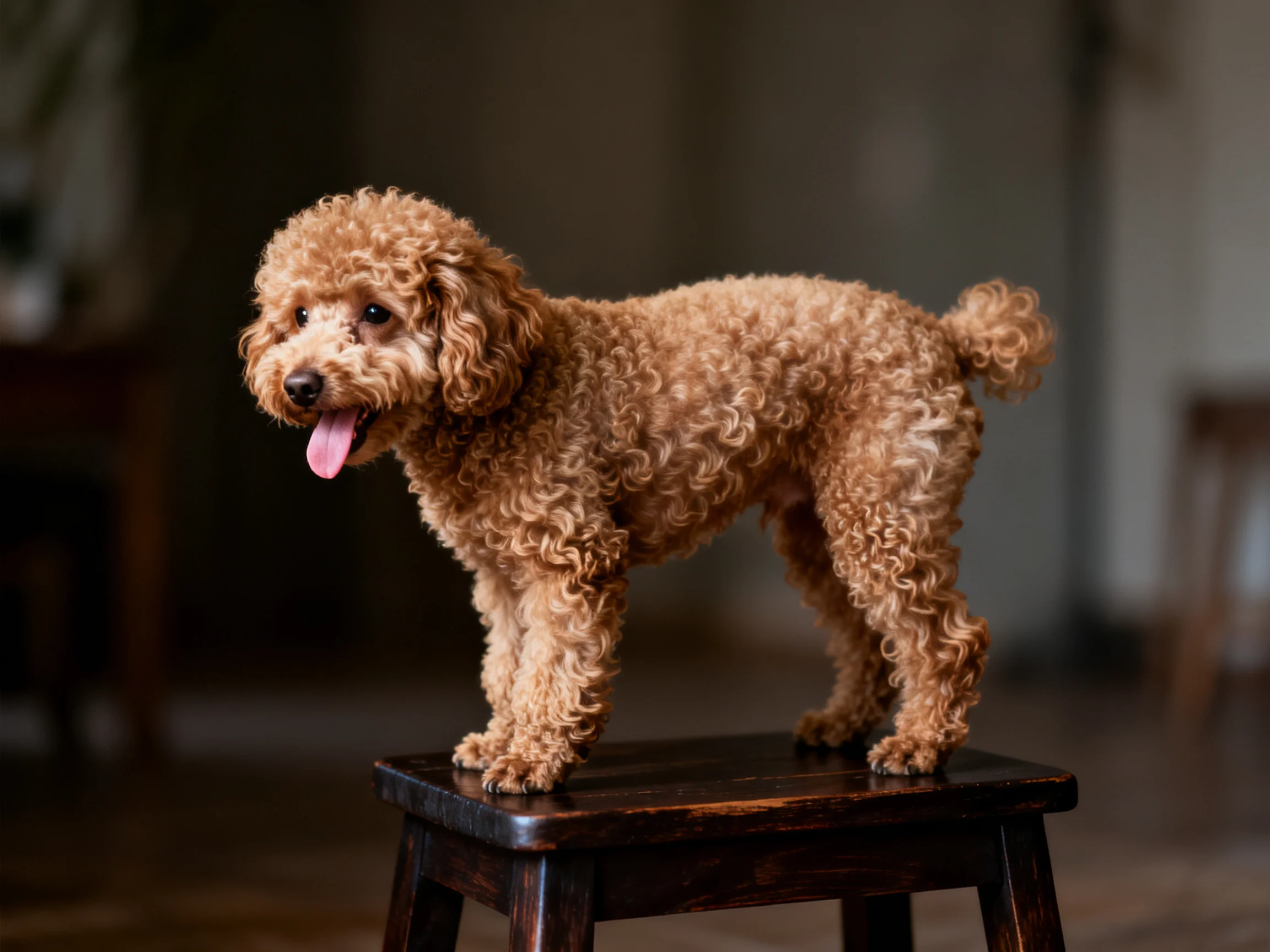 A curly-haired tan poodle stands atop a dark wooden stool indoors