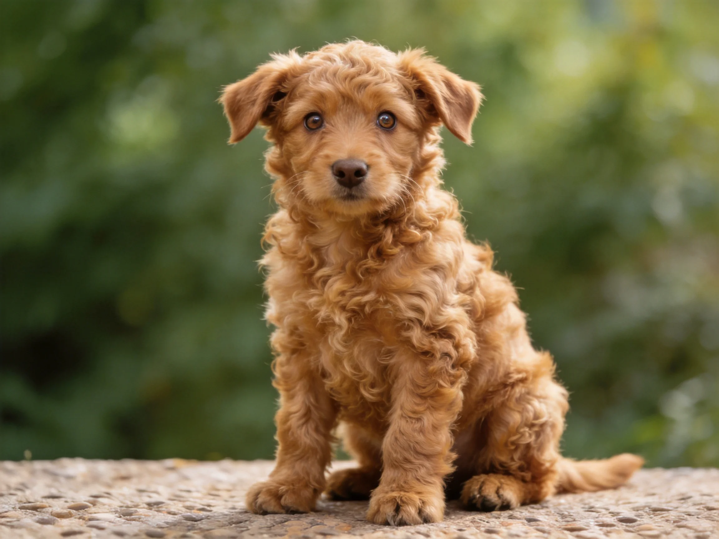 A curly-haired tan puppy sits on a stone surface amid green foliage