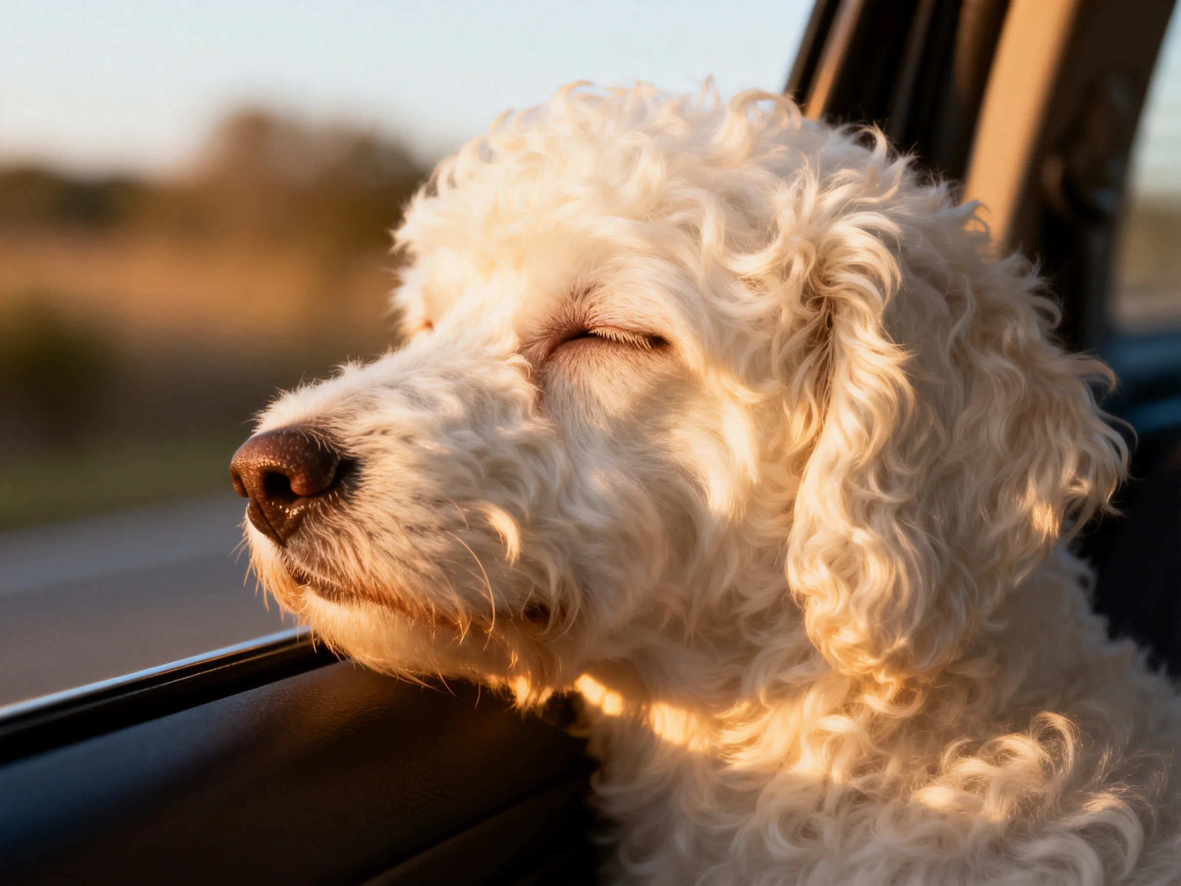 A curly-haired white dog enjoys fresh air from an open car window