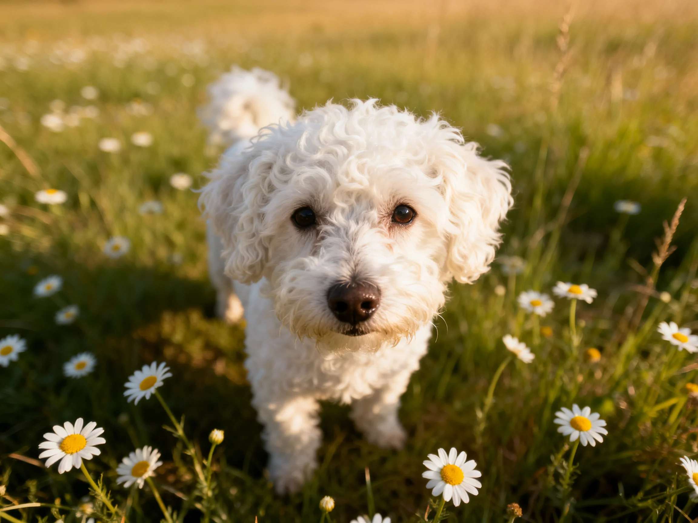 A curly-haired white dog stands amid daisies in a sunlit meadow