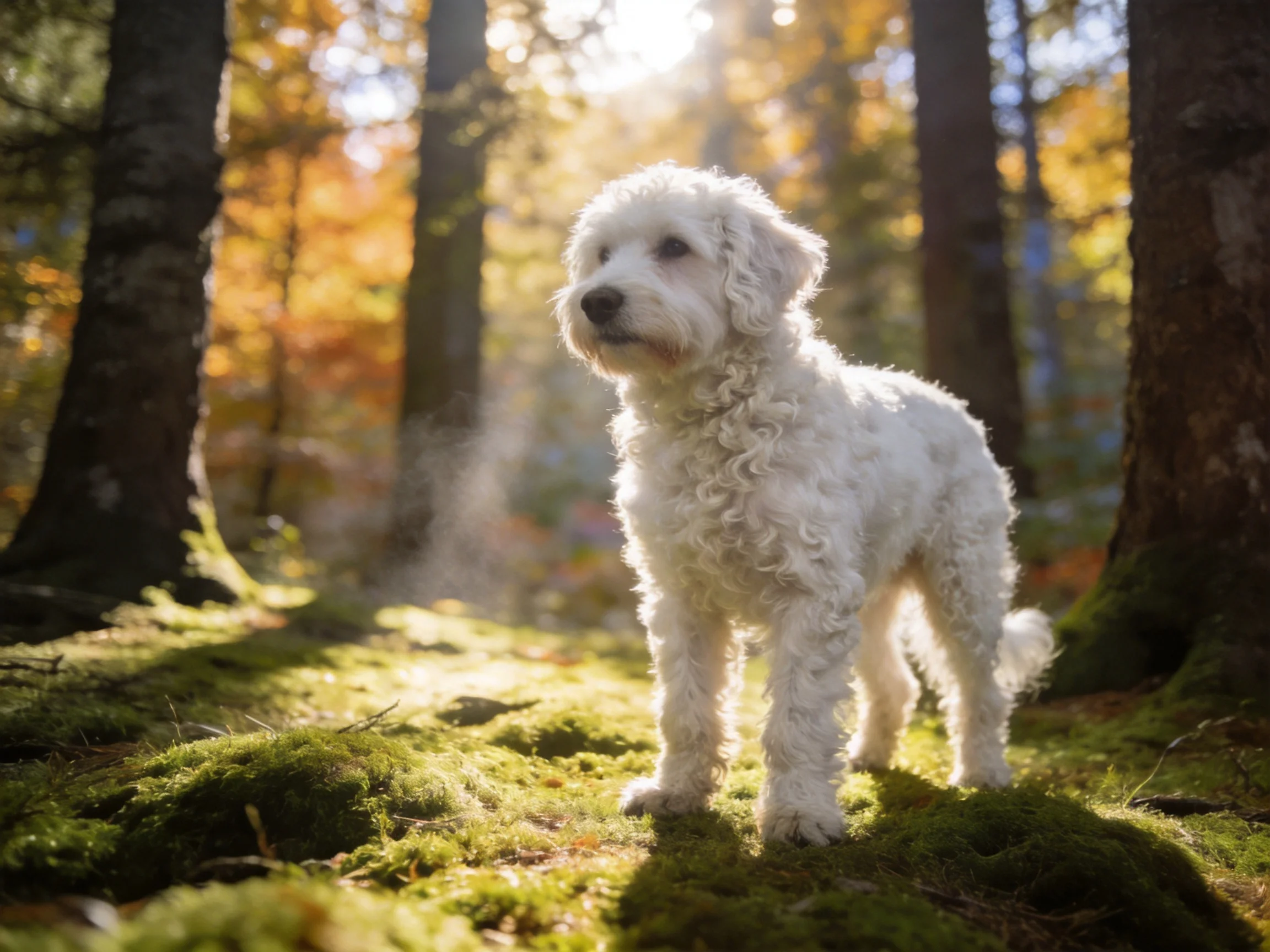 A white dog stands on mossy ground in a sunlit autumn forest.