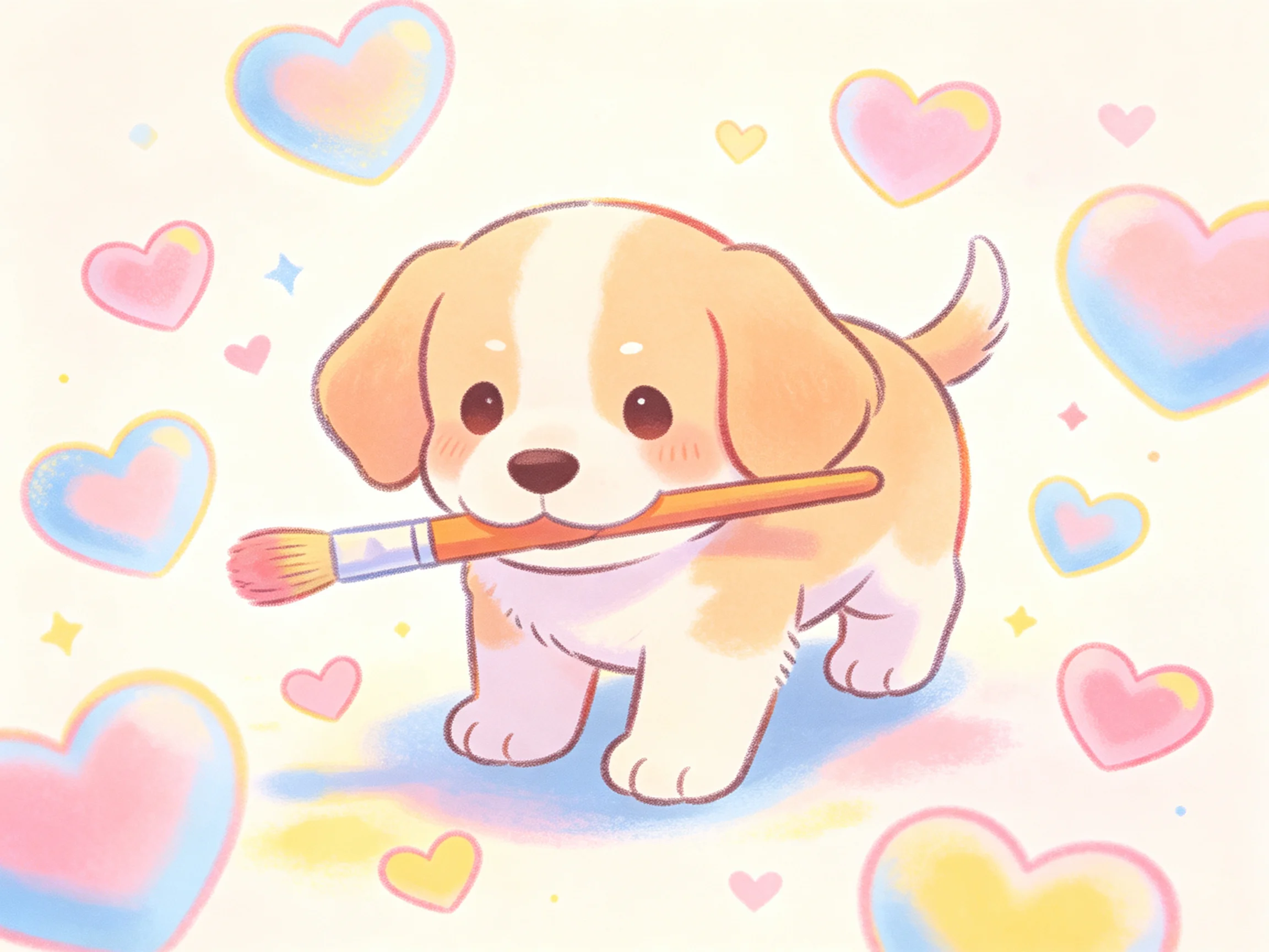 A cute puppy carrying a paintbrush amid colorful heart shapes