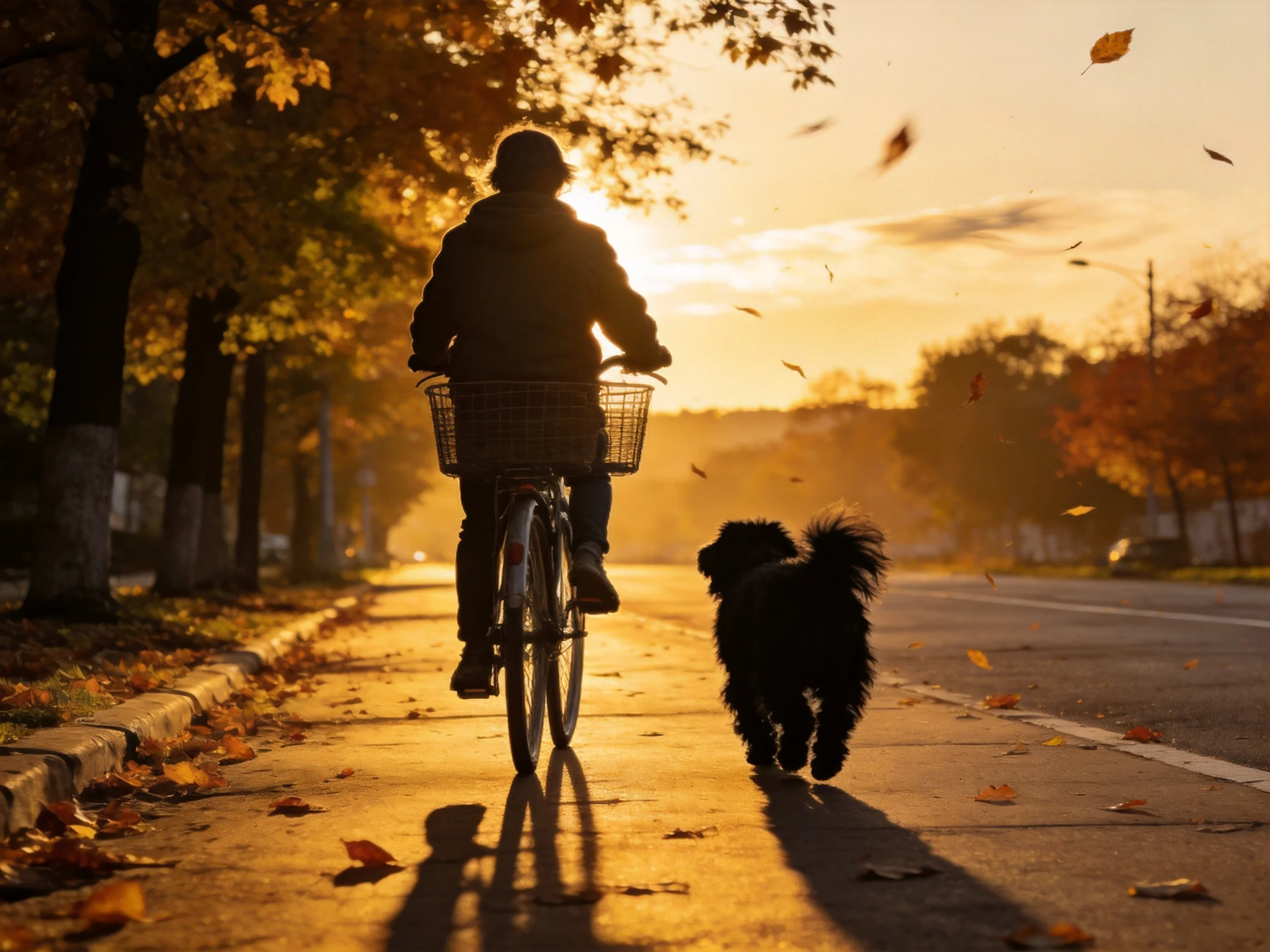 A cyclist rides through golden autumn streets with a black dog