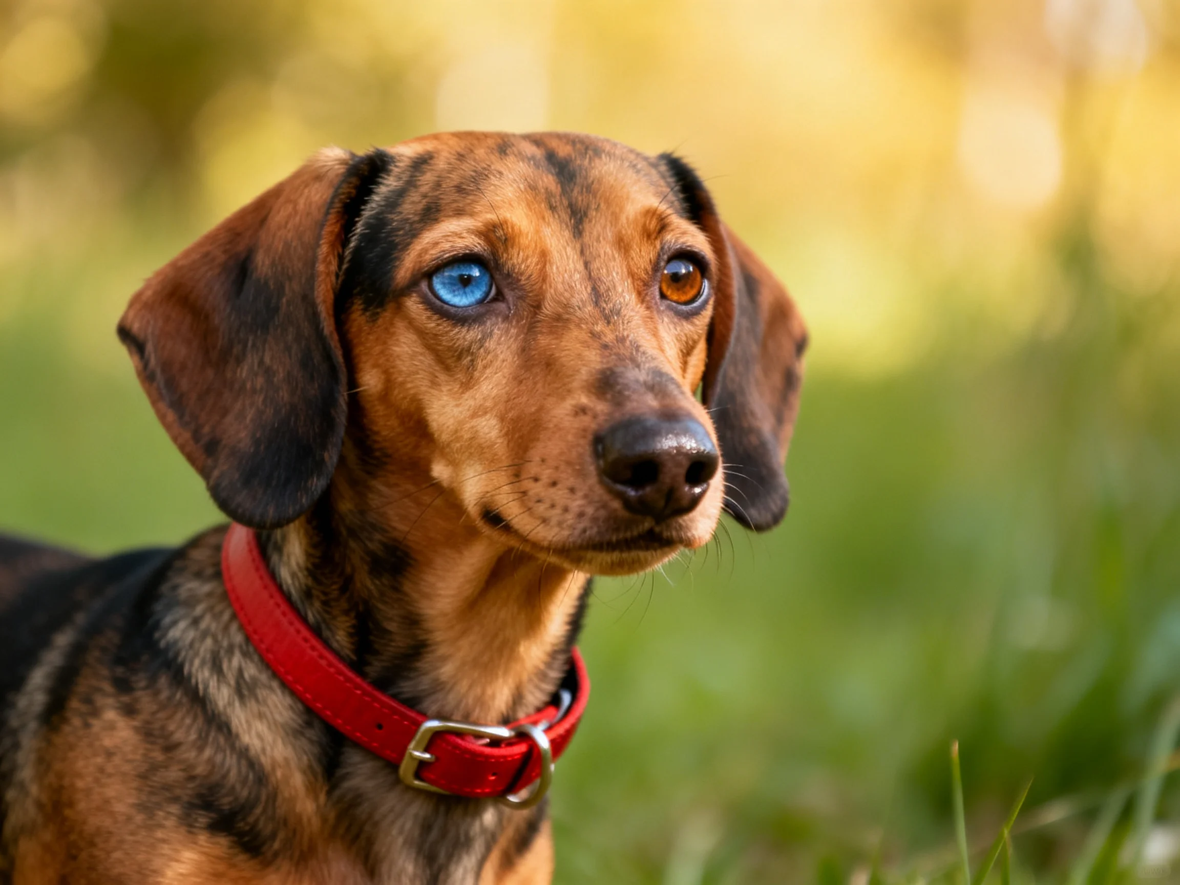 A dachshund with heterochromatic eyes wears a vibrant red collar outdoors