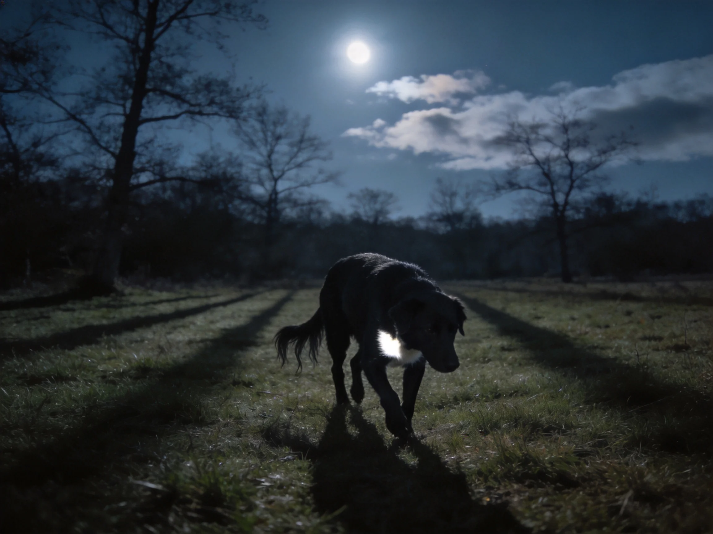 A dark - coated dog walks through a moonlit open field with silhouetted trees