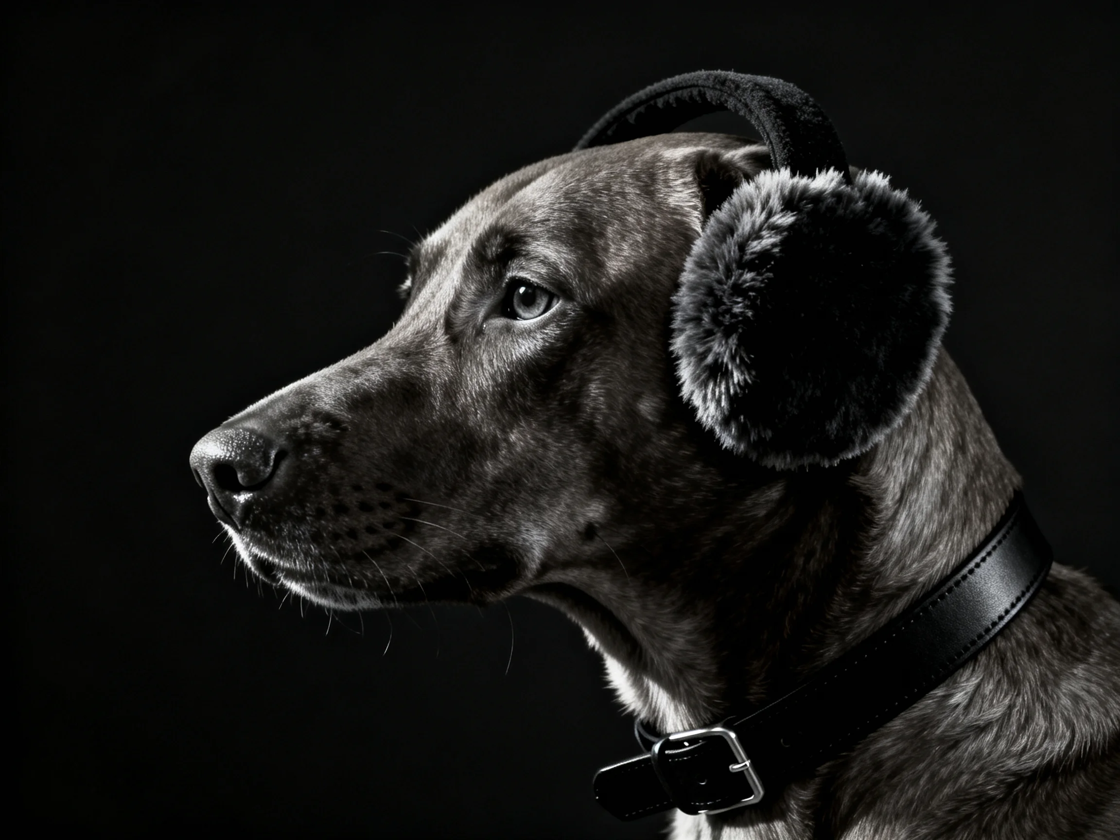 A dark - coated dog wears fuzzy earmuffs and a black collar