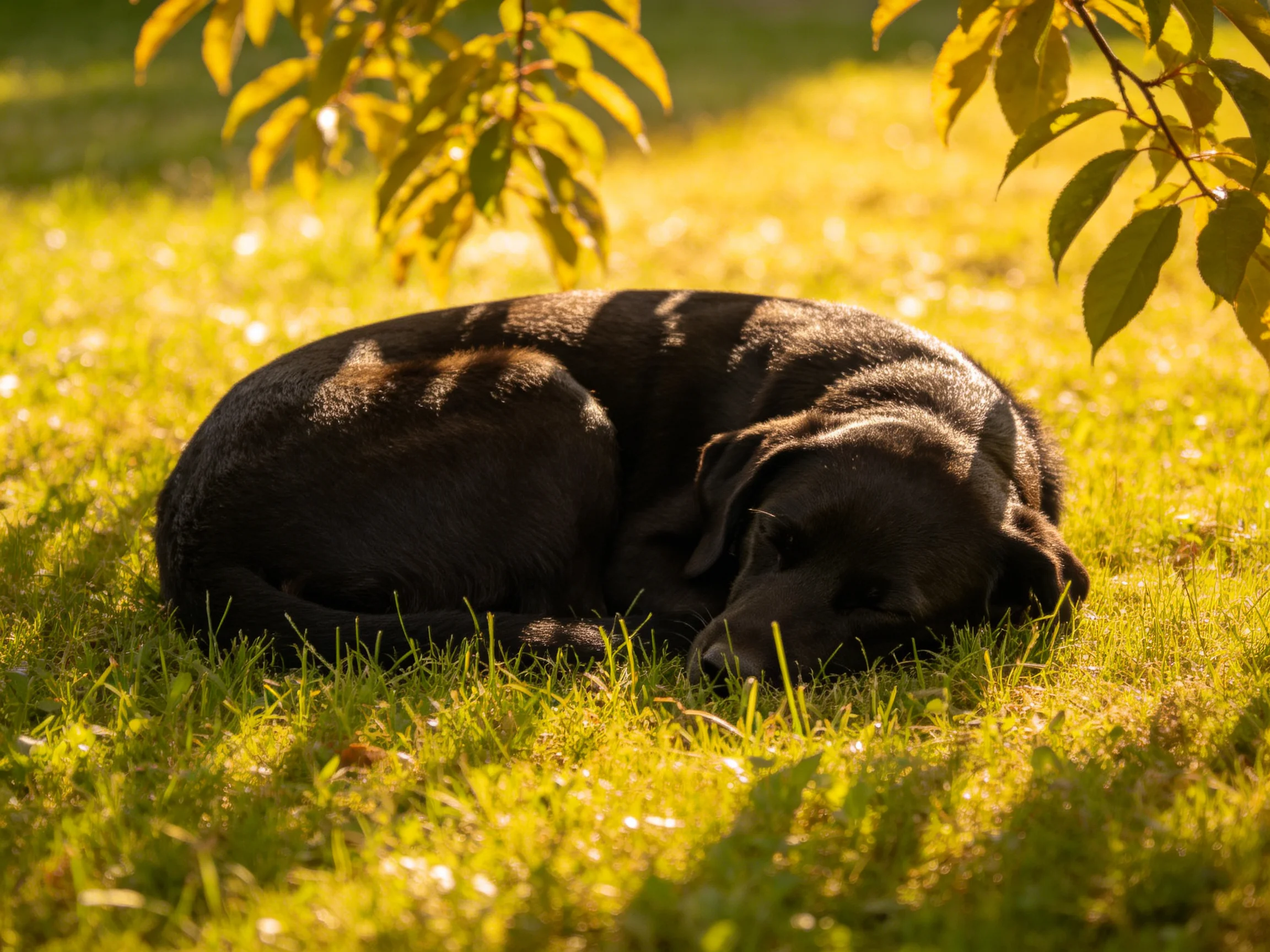 A dark brown dog curls asleep on sunlit green grass beneath golden leaves