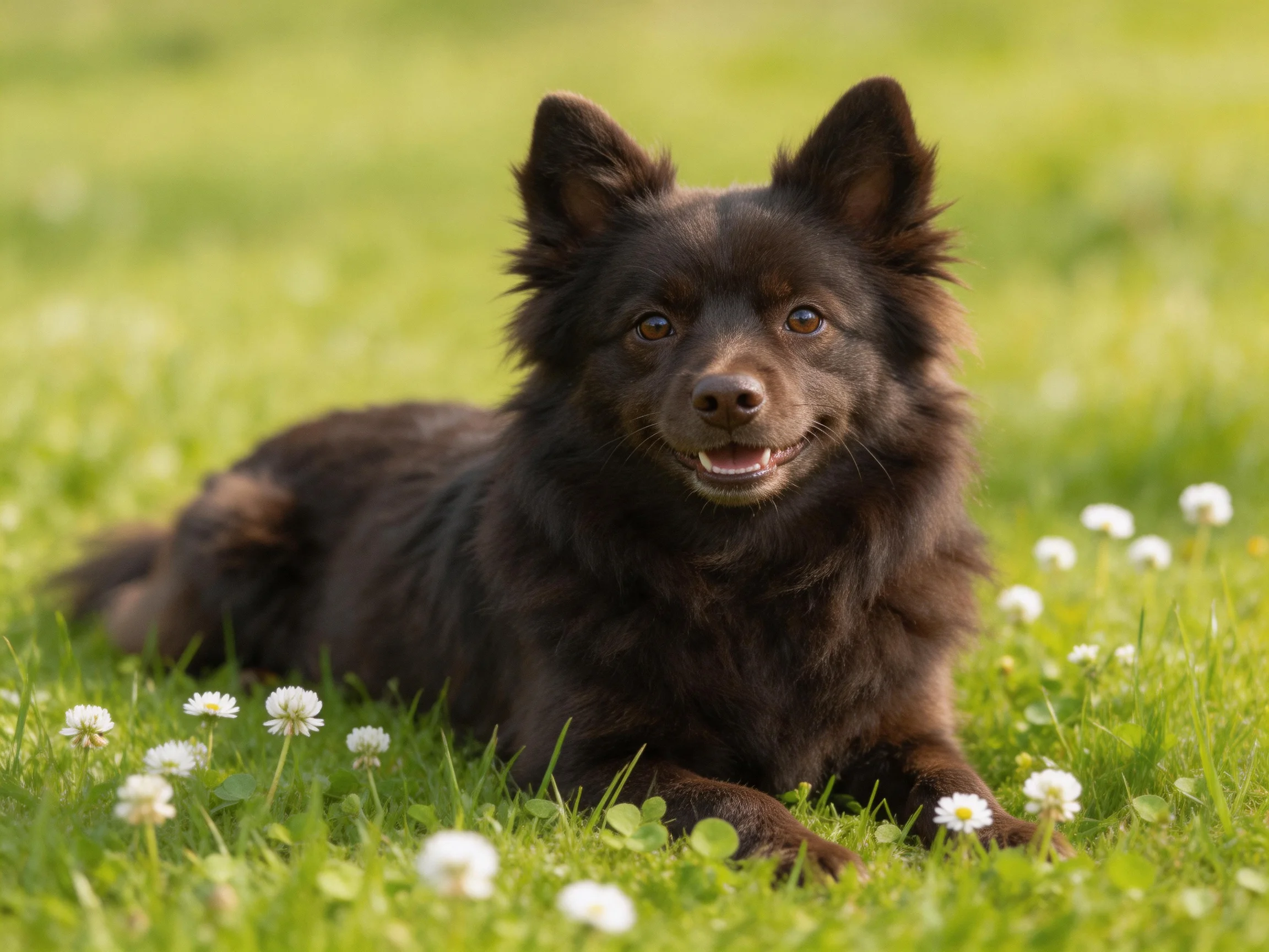 A dark brown dog relaxes in a grassy area with white flowers