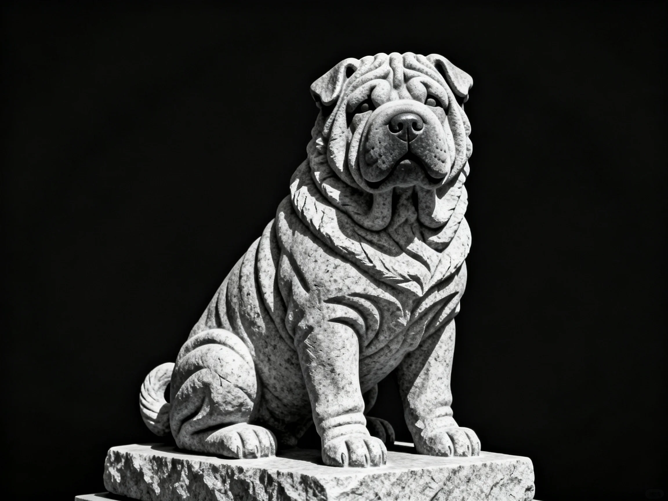 A detailed stone sculpture of a sitting Shar Pei dog