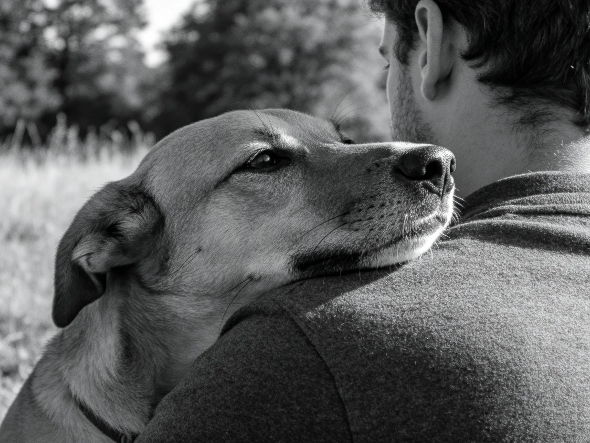 A dog cuddles up to a person in a black-and-white outdoor setting