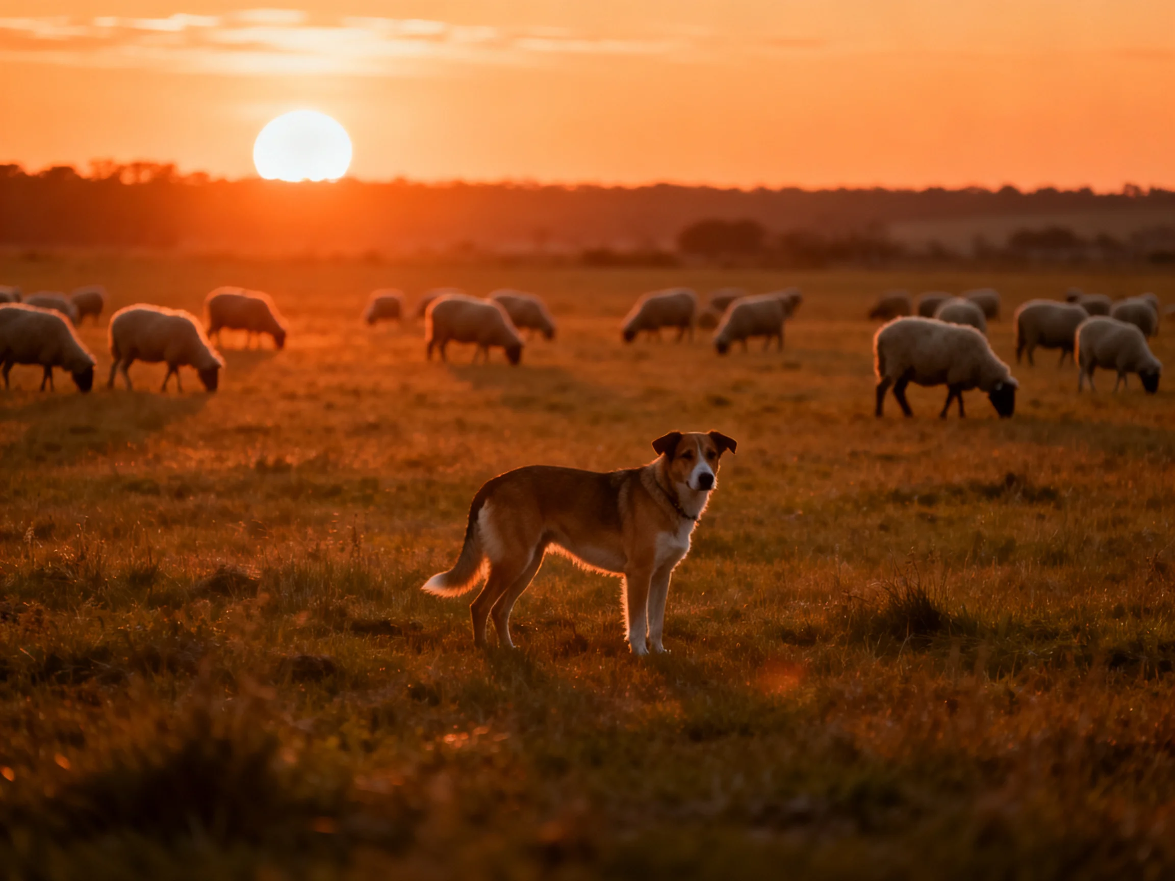 A dog watches over sheep in a sunset field