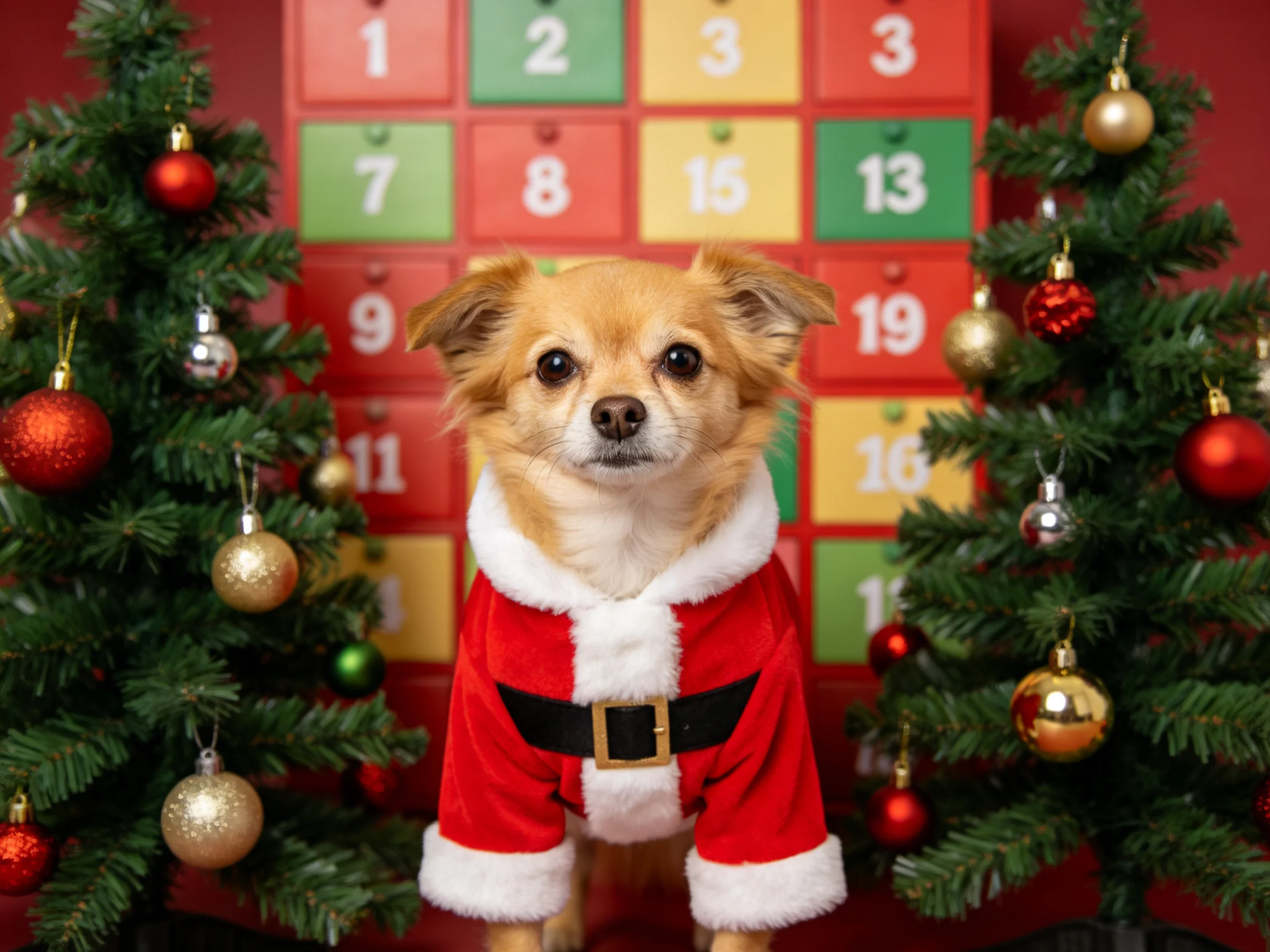 A dog in a Santa costume between two decorated Christmas trees by an advent calendar