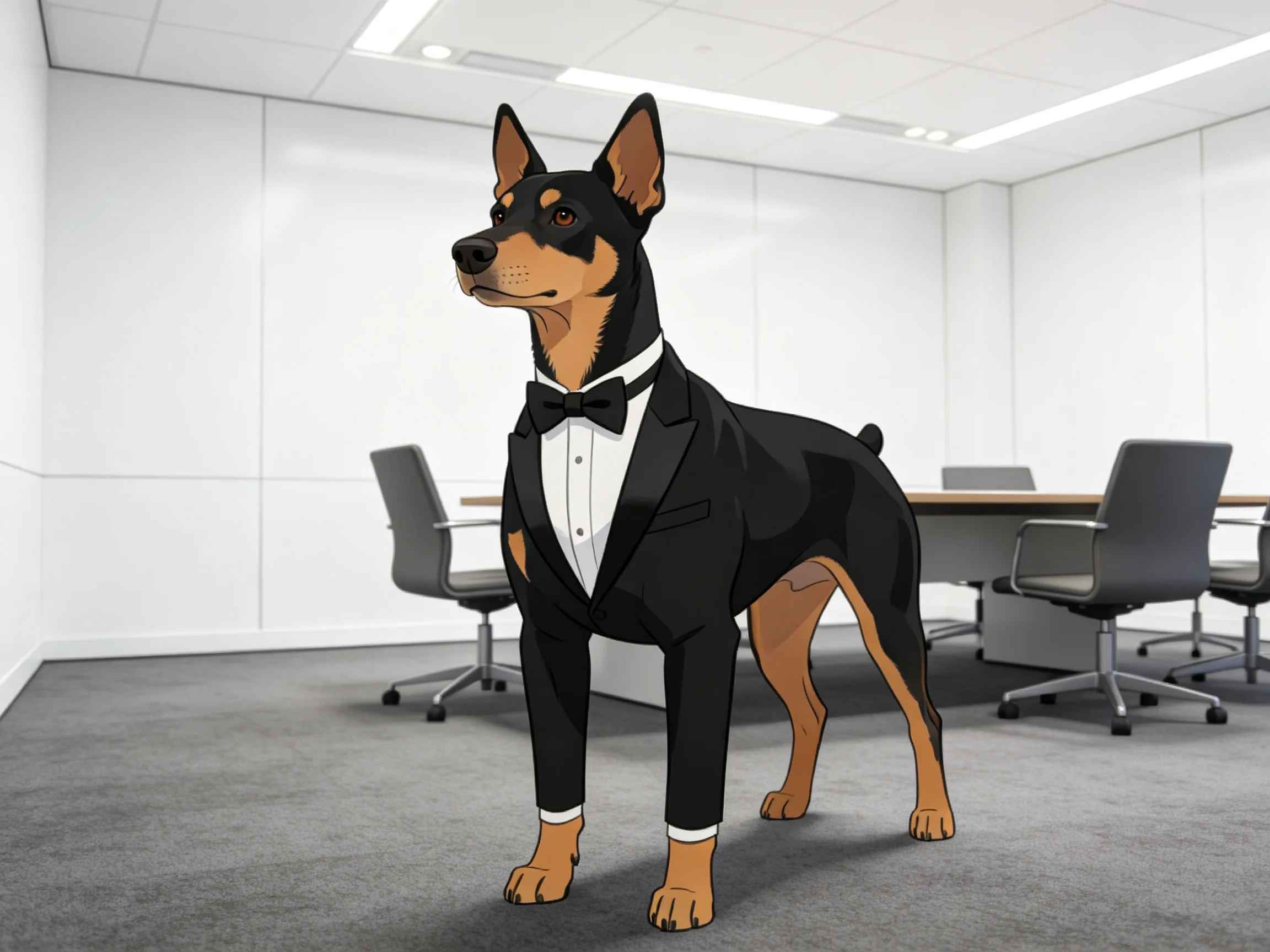 A formally dressed dog is in a contemporary office.